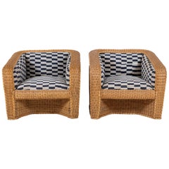 Vintage Pair of Wicker Armchairs Upholstered in Nigerian Fabric