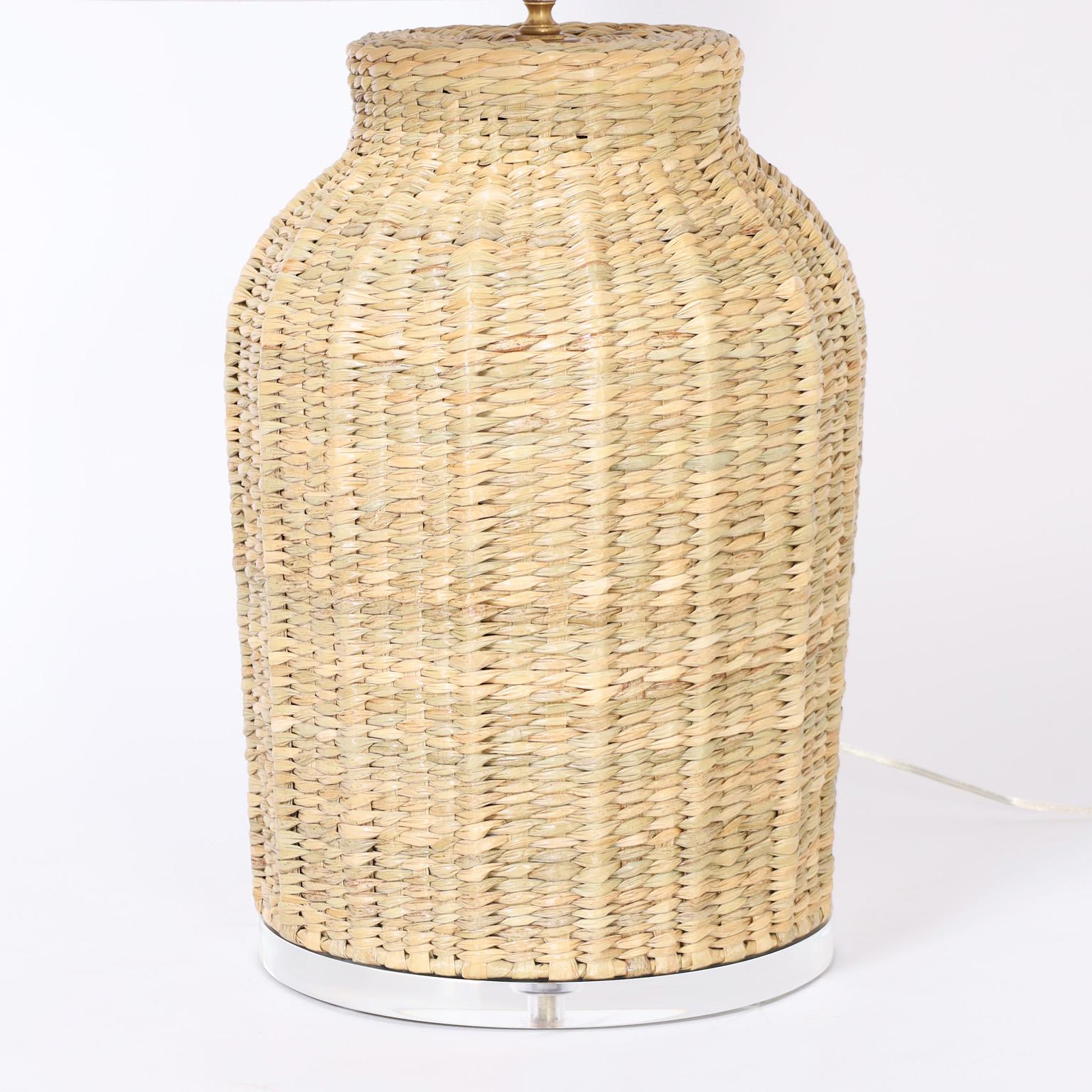 Organic Modern Pair of Wicker Bottle Form Table Lamps from the FS Flores Collection For Sale