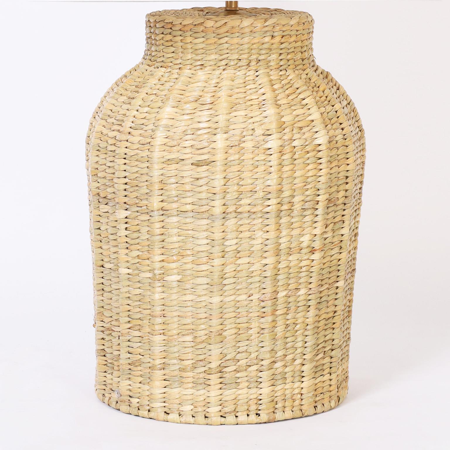 Organic Modern Pair of Wicker Bottle Form Table Lamps from the FS Flores Collection For Sale