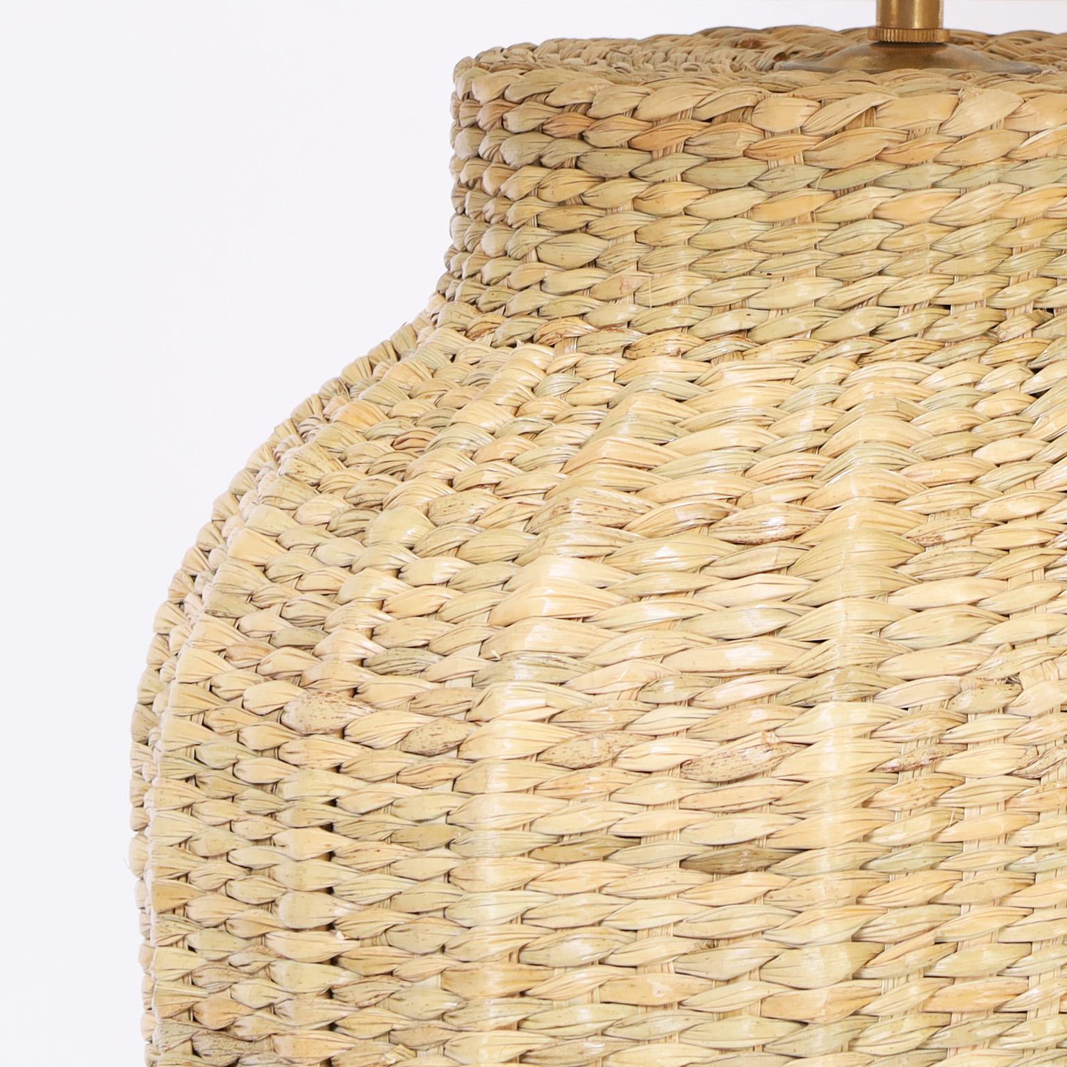 Mexican Pair of Wicker Bottle Form Table Lamps from the FS Flores Collection For Sale