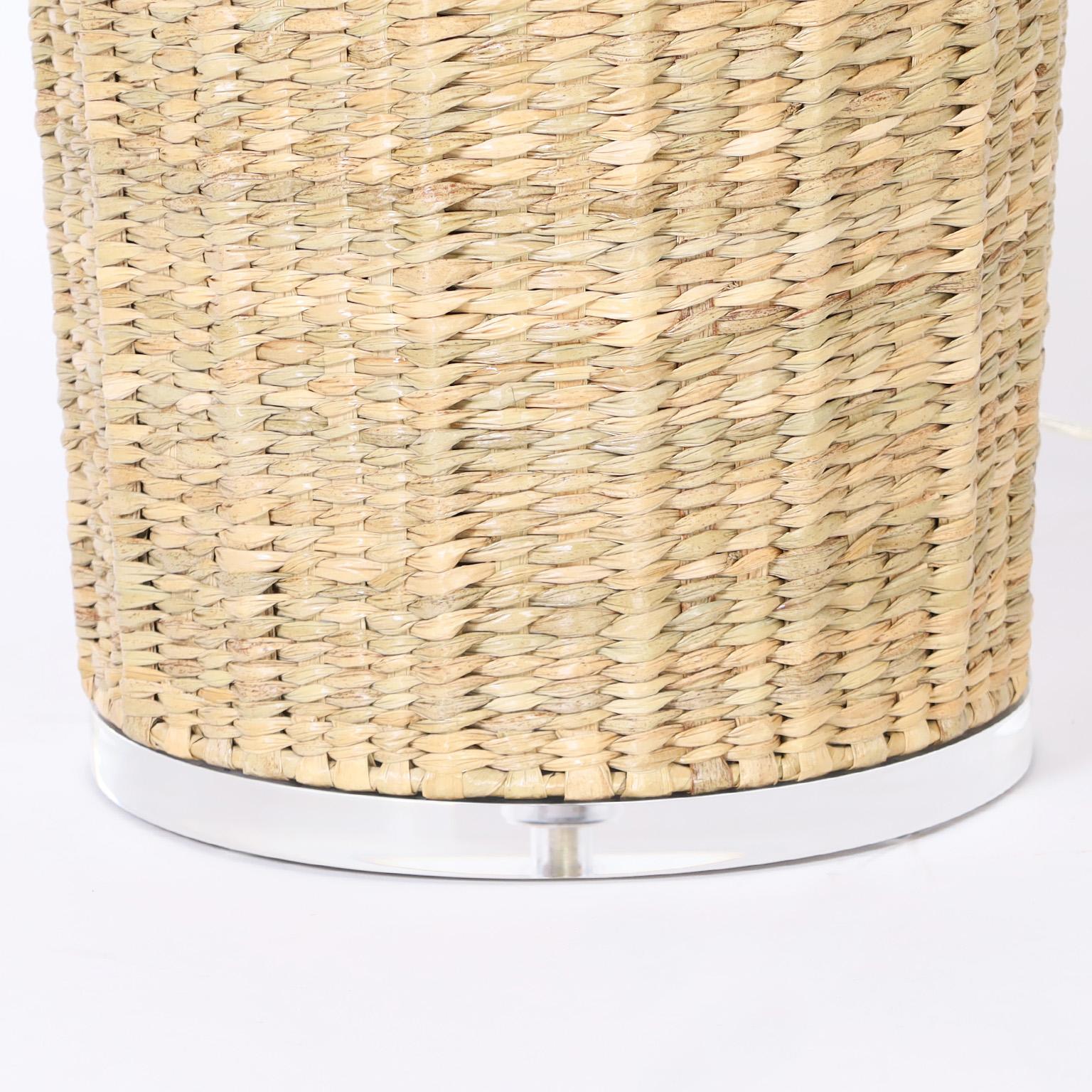 Hand-Woven Pair of Wicker Bottle Form Table Lamps from the FS Flores Collection For Sale
