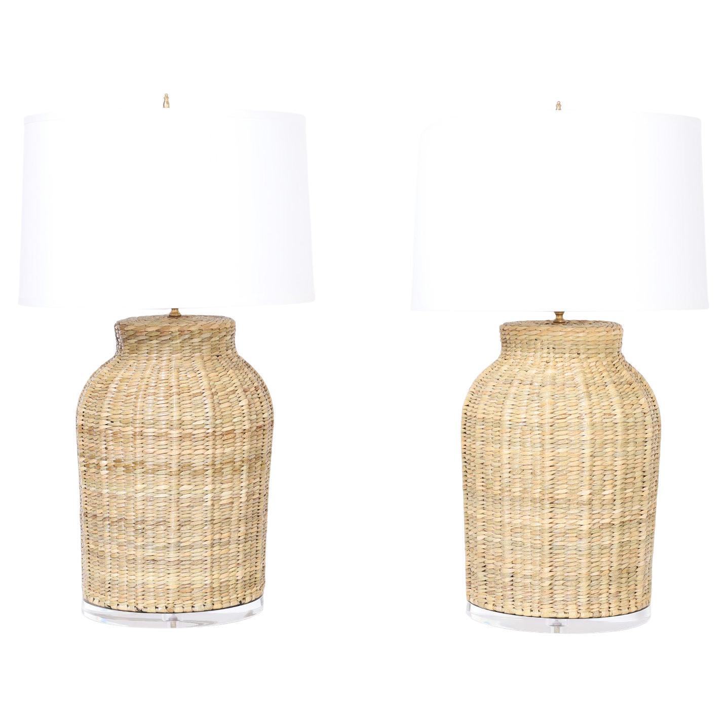 Pair of Wicker Bottle Form Table Lamps from the FS Flores Collection For Sale