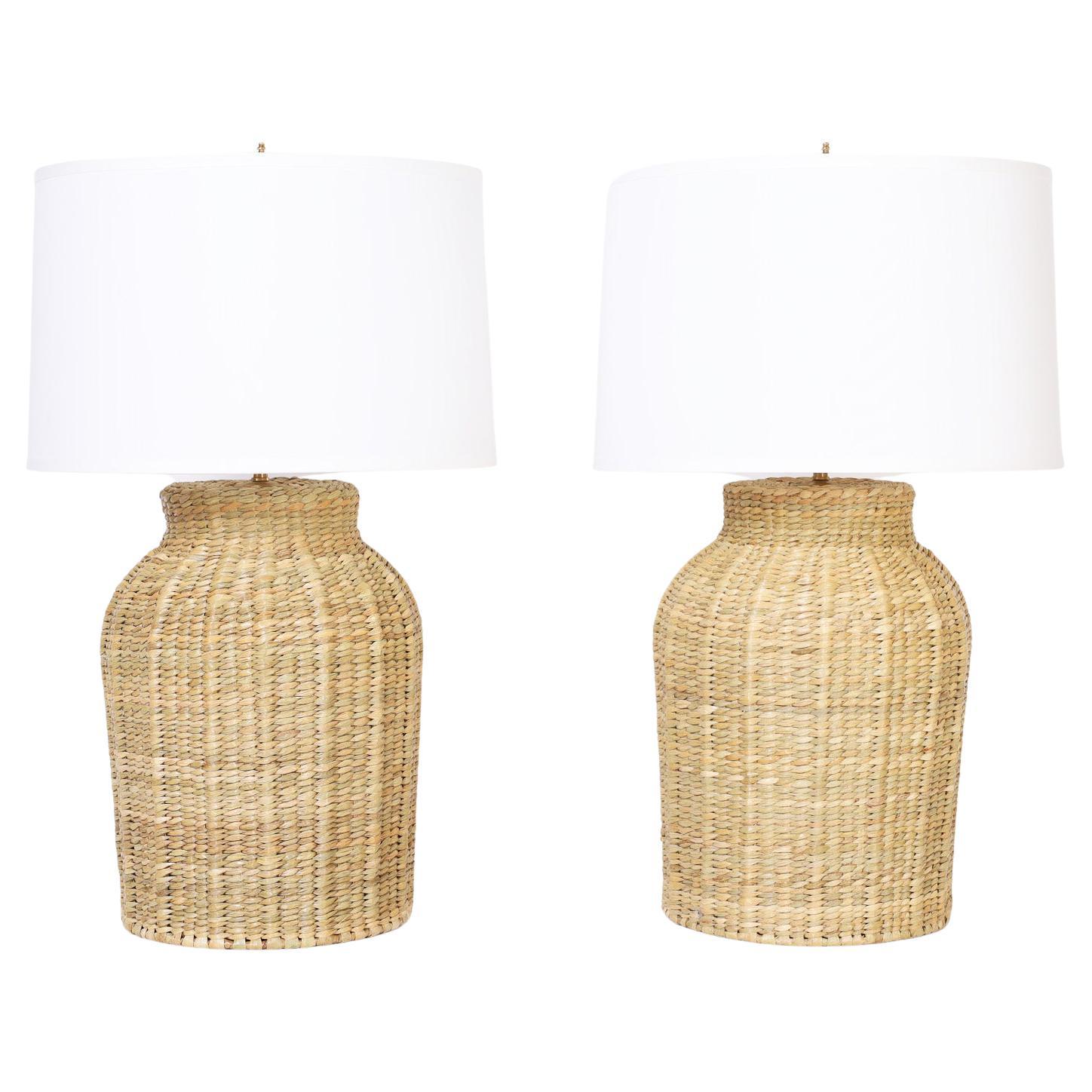 Pair of Wicker Bottle Form Table Lamps from the FS Flores Collection For Sale