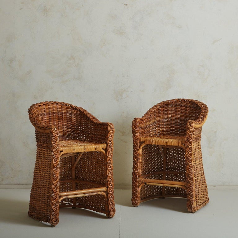 Pair of Wicker + Cane Barrel Bar Stools, 20th Century For Sale at 1stDibs