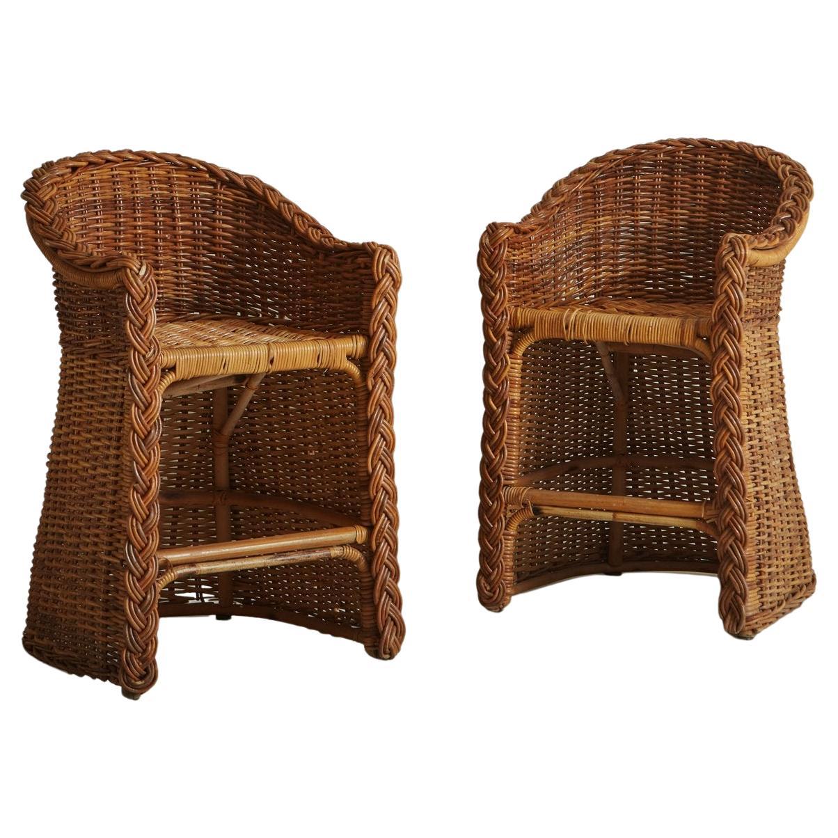 Pair of Wicker + Cane Barrel Bar Stools, 20th Century