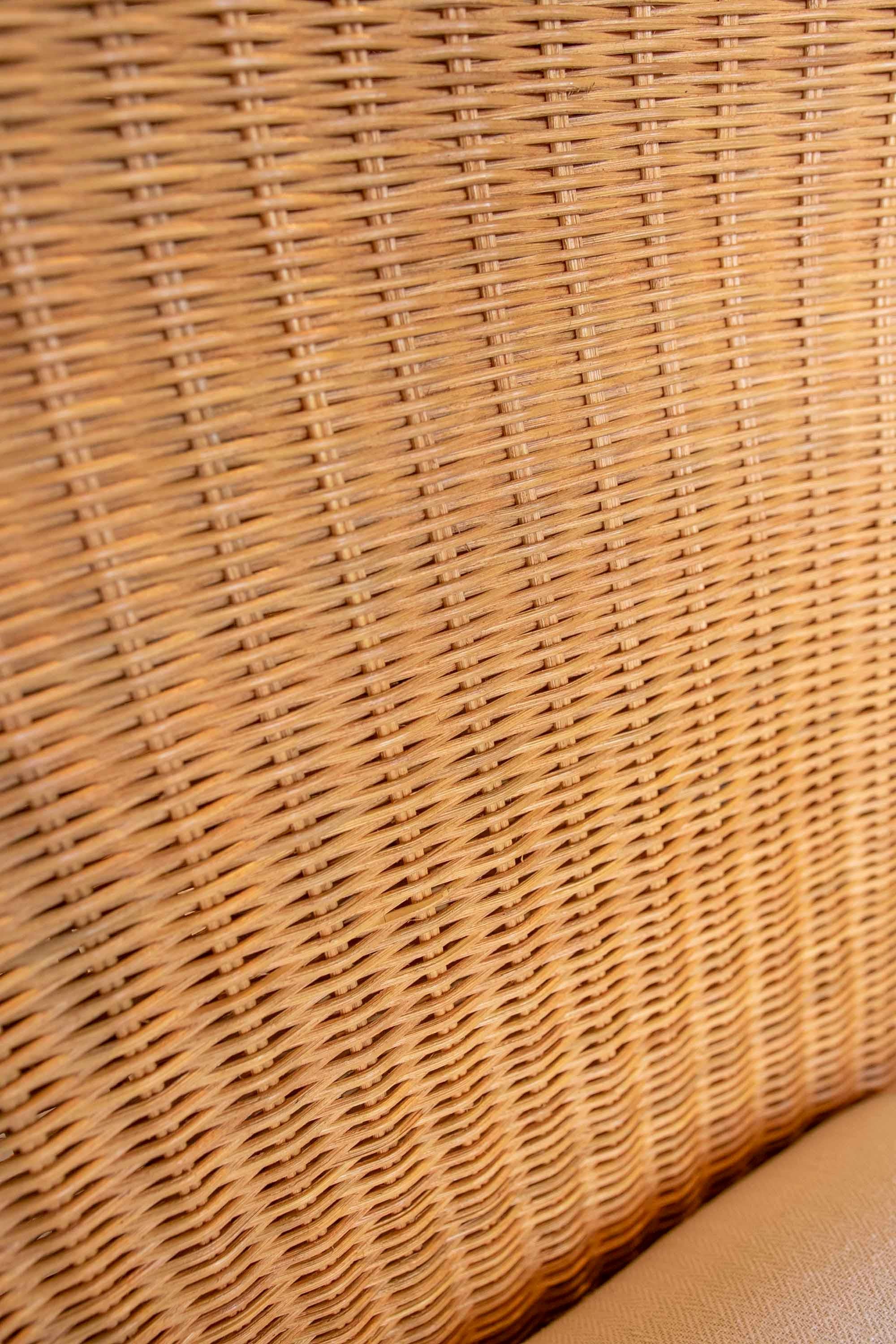 Pair of Wicker Chairs with Wavy Shapes and White Cushions 7