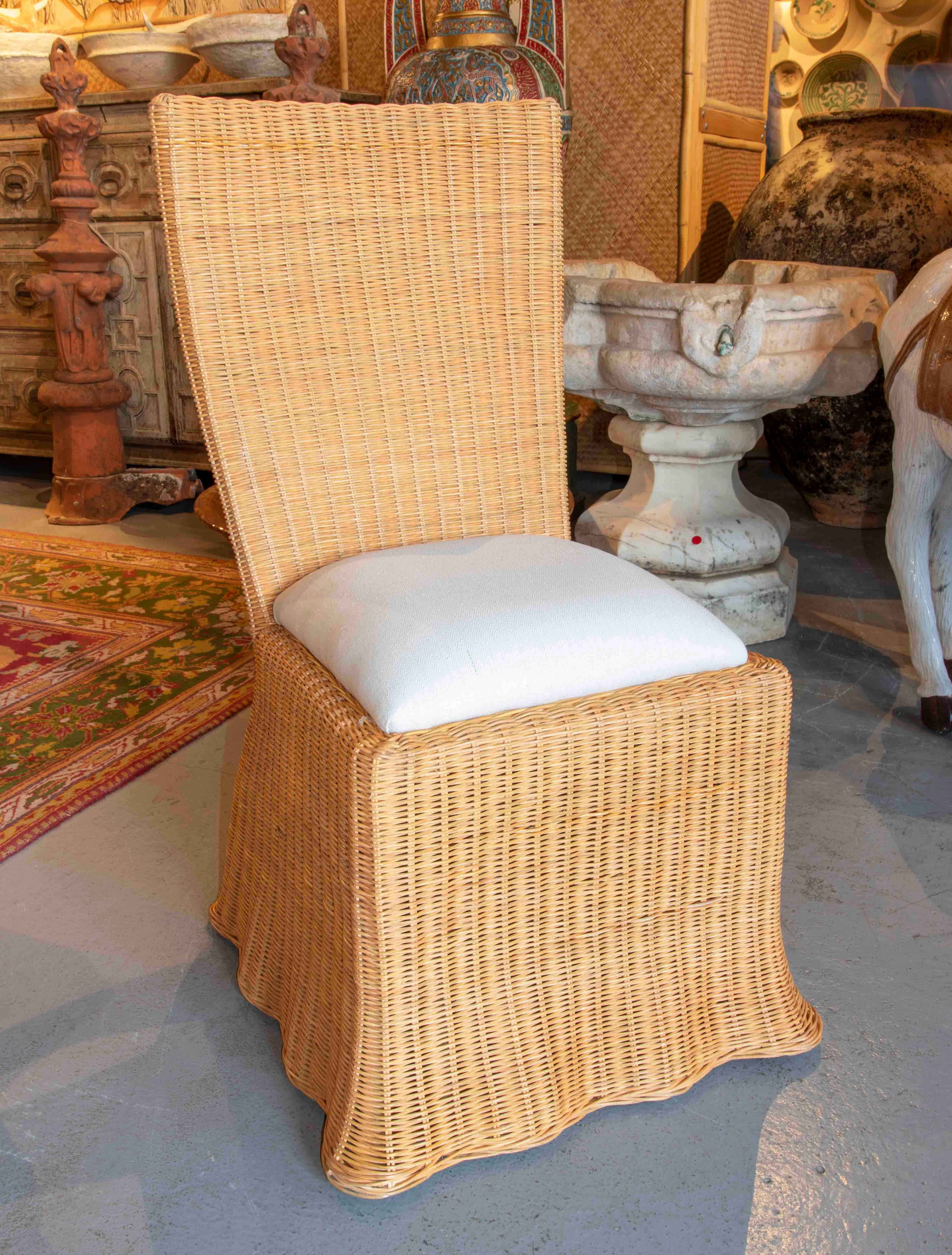 European Pair of Wicker Chairs with Wavy Shapes and White Cushions