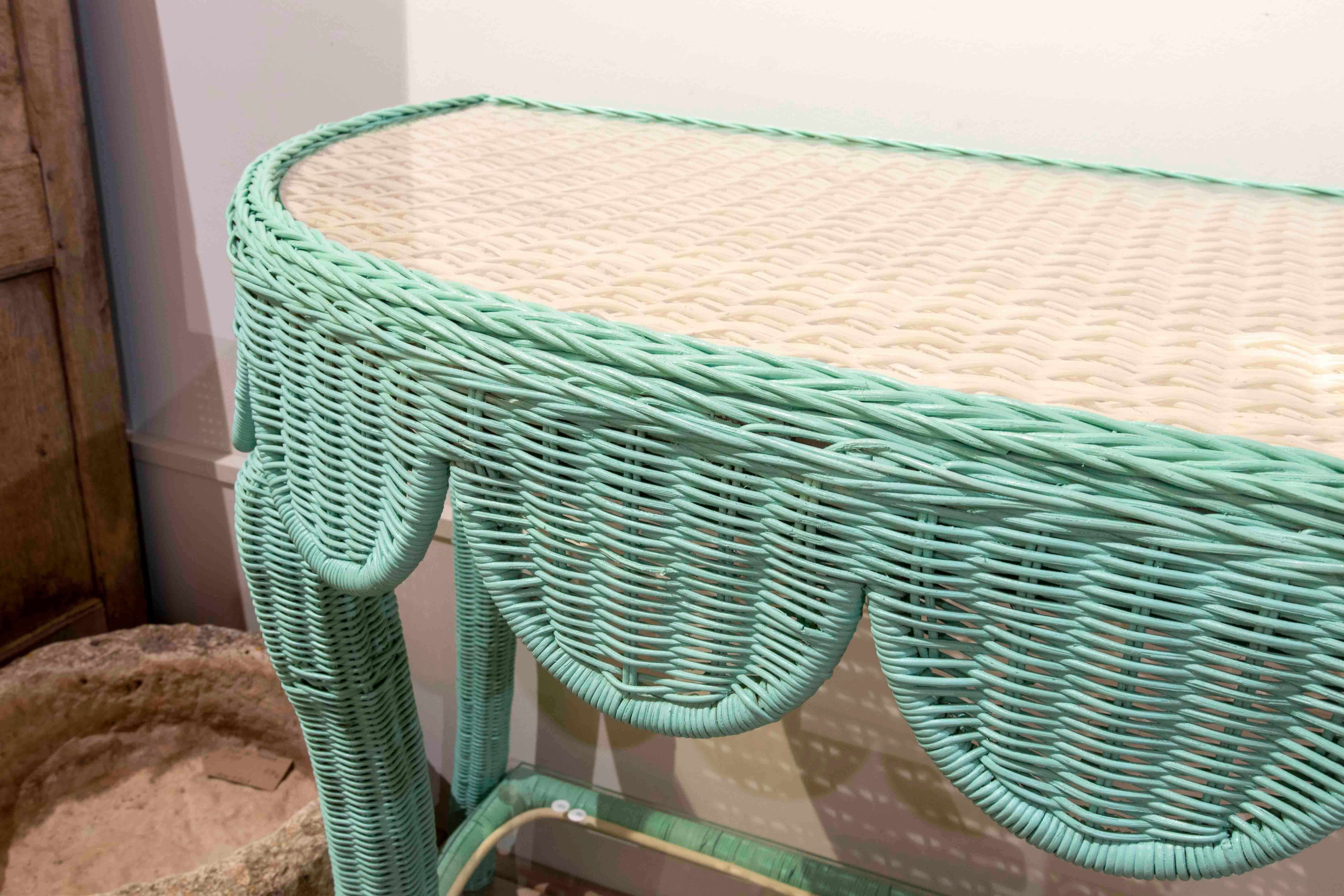Pair of Wicker Consoles with Green and White Painted Skirts with Glass 7