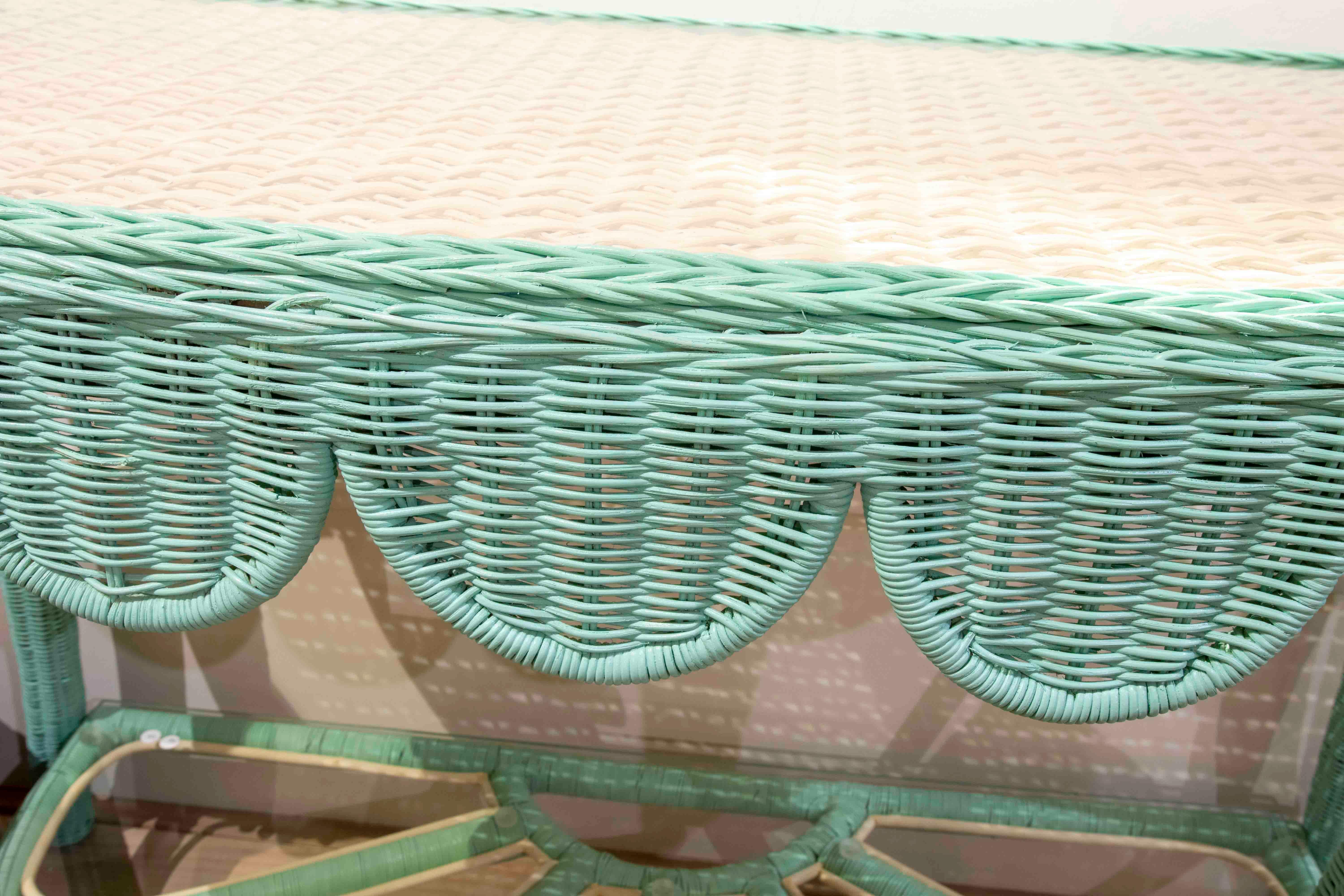 Pair of Wicker Consoles with Green and White Painted Skirts with Glass 8