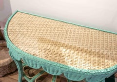 Pair of Wicker Consoles with Green and White Painted Skirts with Glass