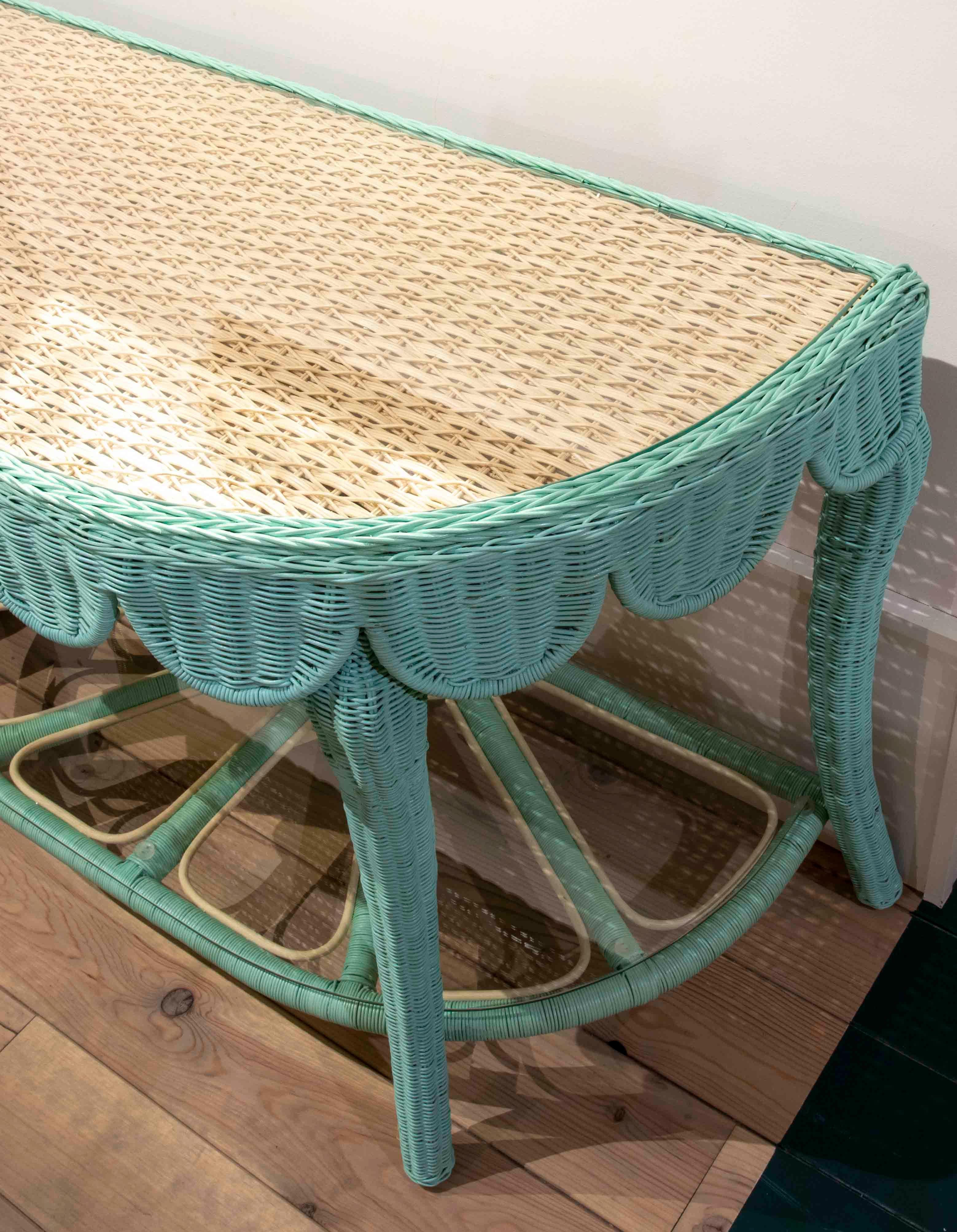Pair of Wicker Consoles with Green and White Painted Skirts with Glass In Good Condition In Marbella, ES