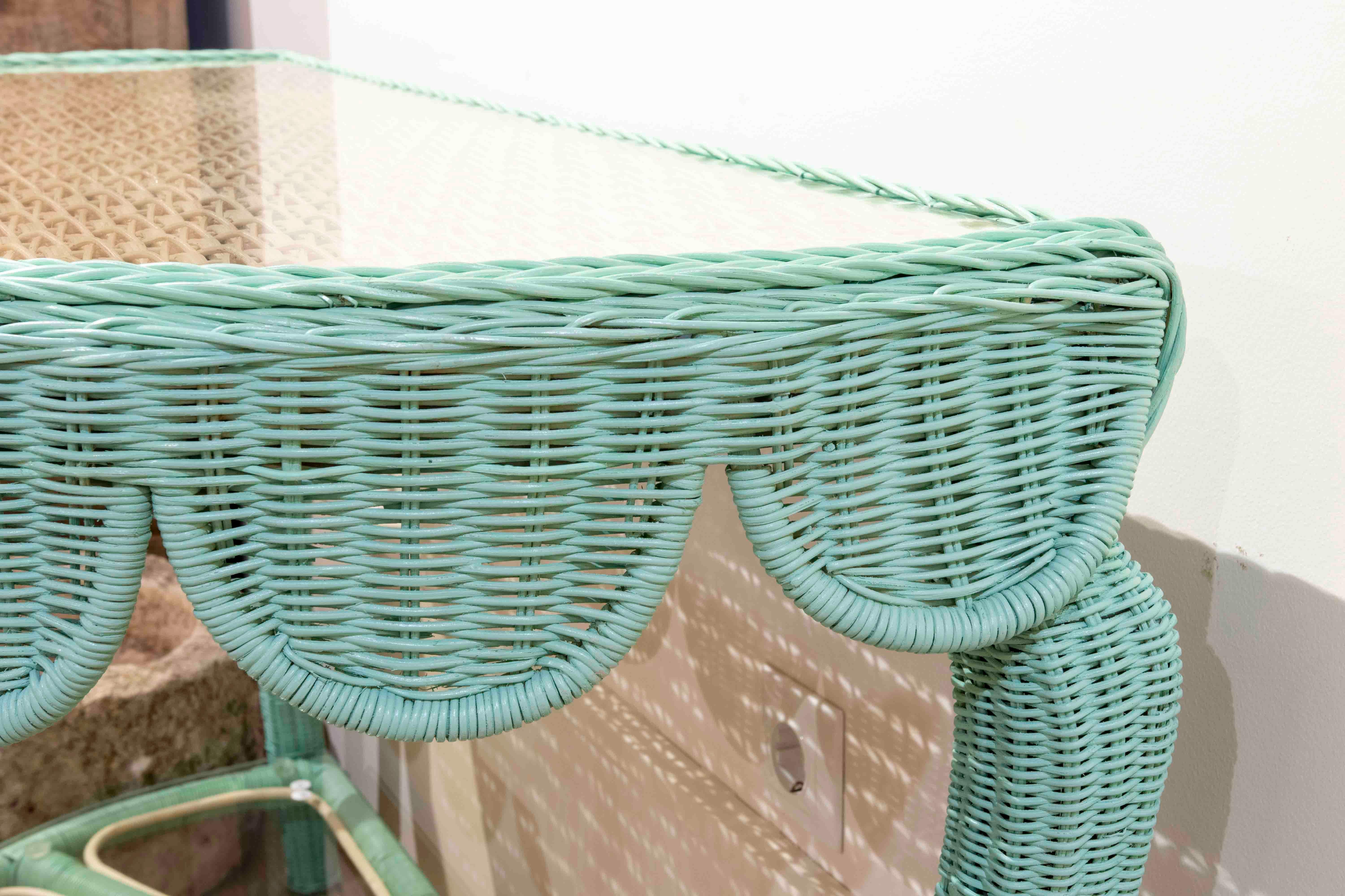 Pair of Wicker Consoles with Green and White Painted Skirts with Glass 5
