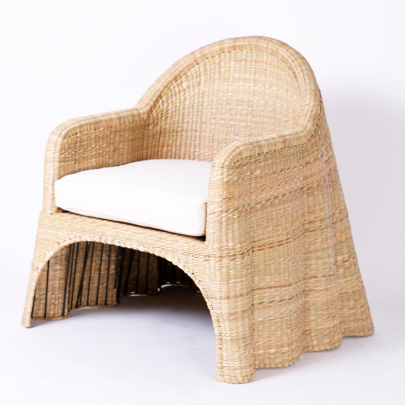 Mid-Century Modern Wicker Drapery Ghost Armchairs with Open Fronts, Priced Individually