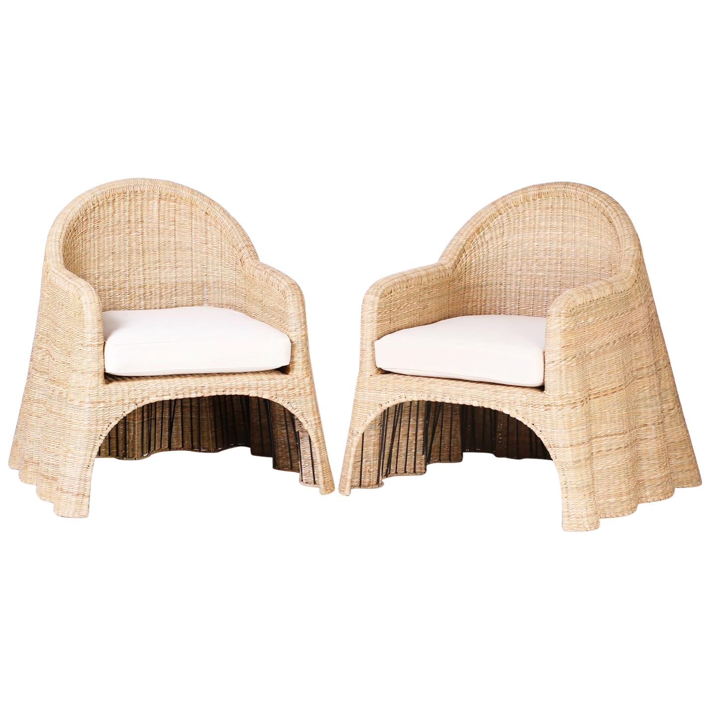 Wicker Drapery Ghost Armchairs with Open Fronts, Priced Individually
