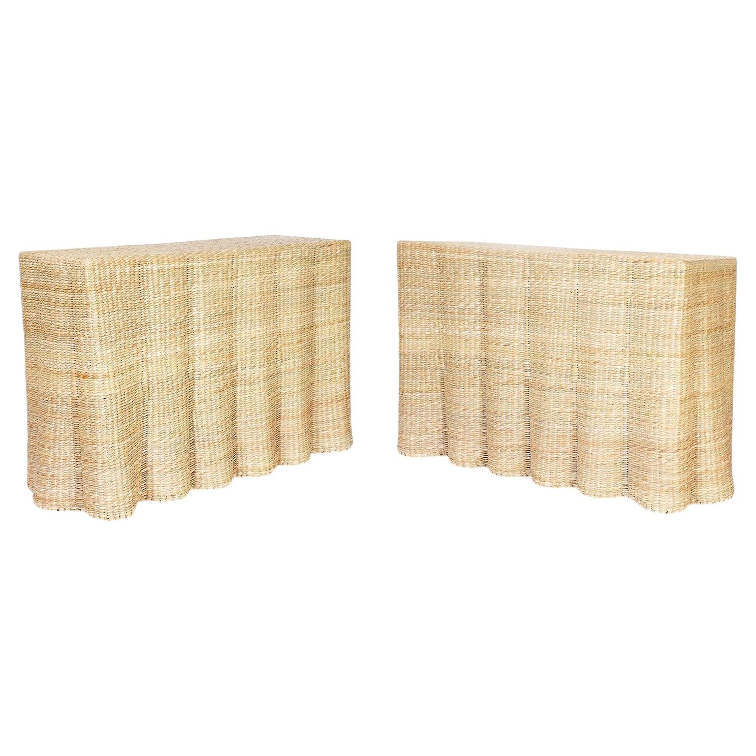Pair of Wicker Drapery Ghost Consoles For Sale