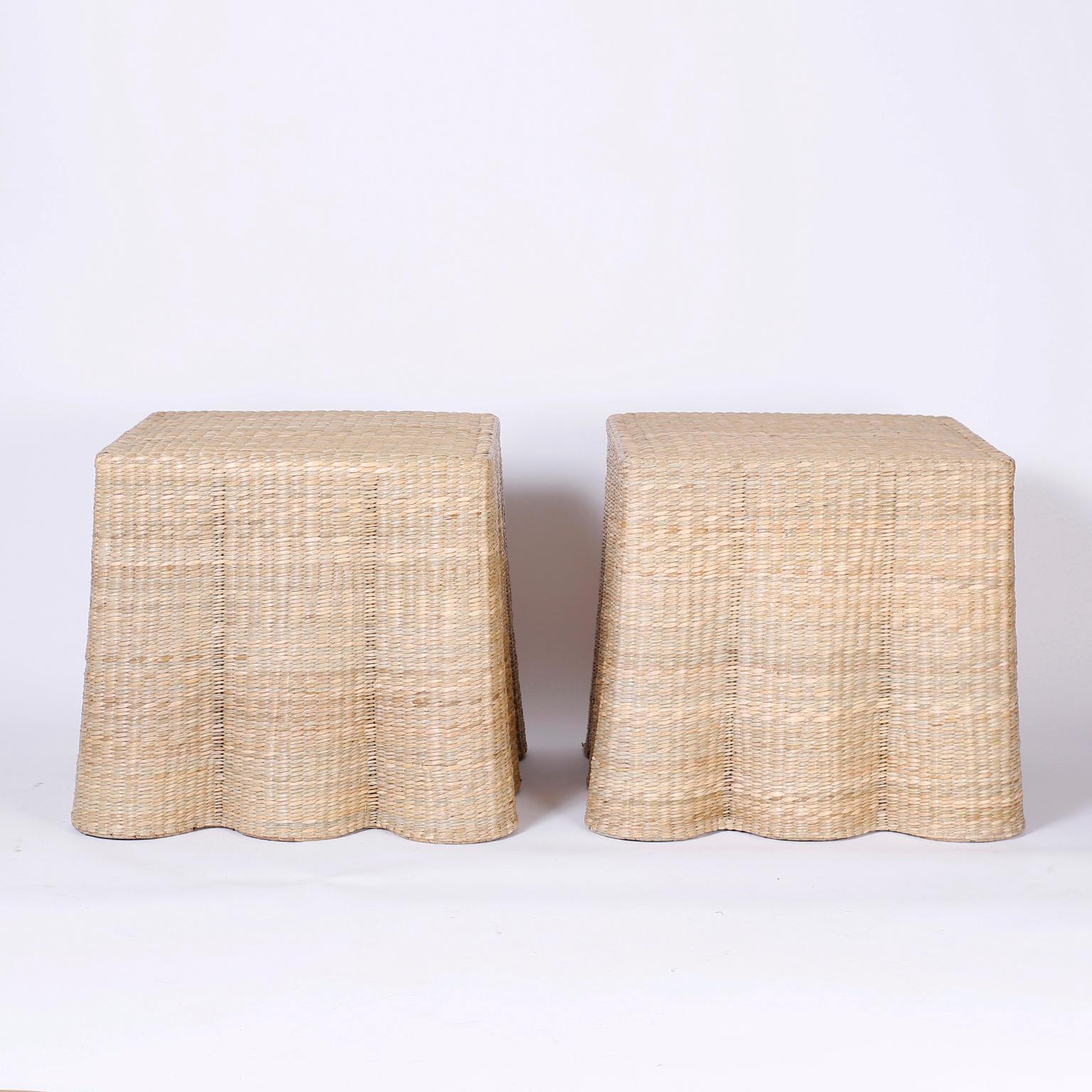 Pair of handmade wicker drapery ghost stands crafted in woven reed over a metal frame with the highest quality and perfect proportions from the FS Flores collection exclusively designed and sold by F. S. Henemader Antiques.