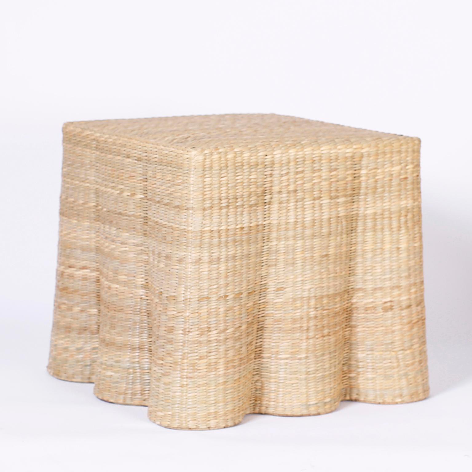 Mid-Century Modern Pair of Wicker Drapery Ghost End Tables or Stands from the FS Flores Collection