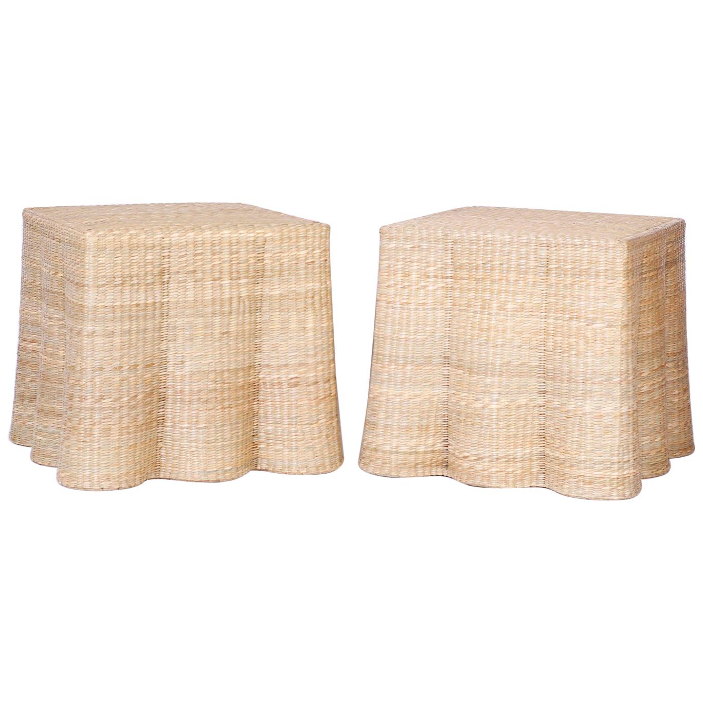 Pair of Wicker Drapery Ghost End Tables or Stands from the FS Flores Collection