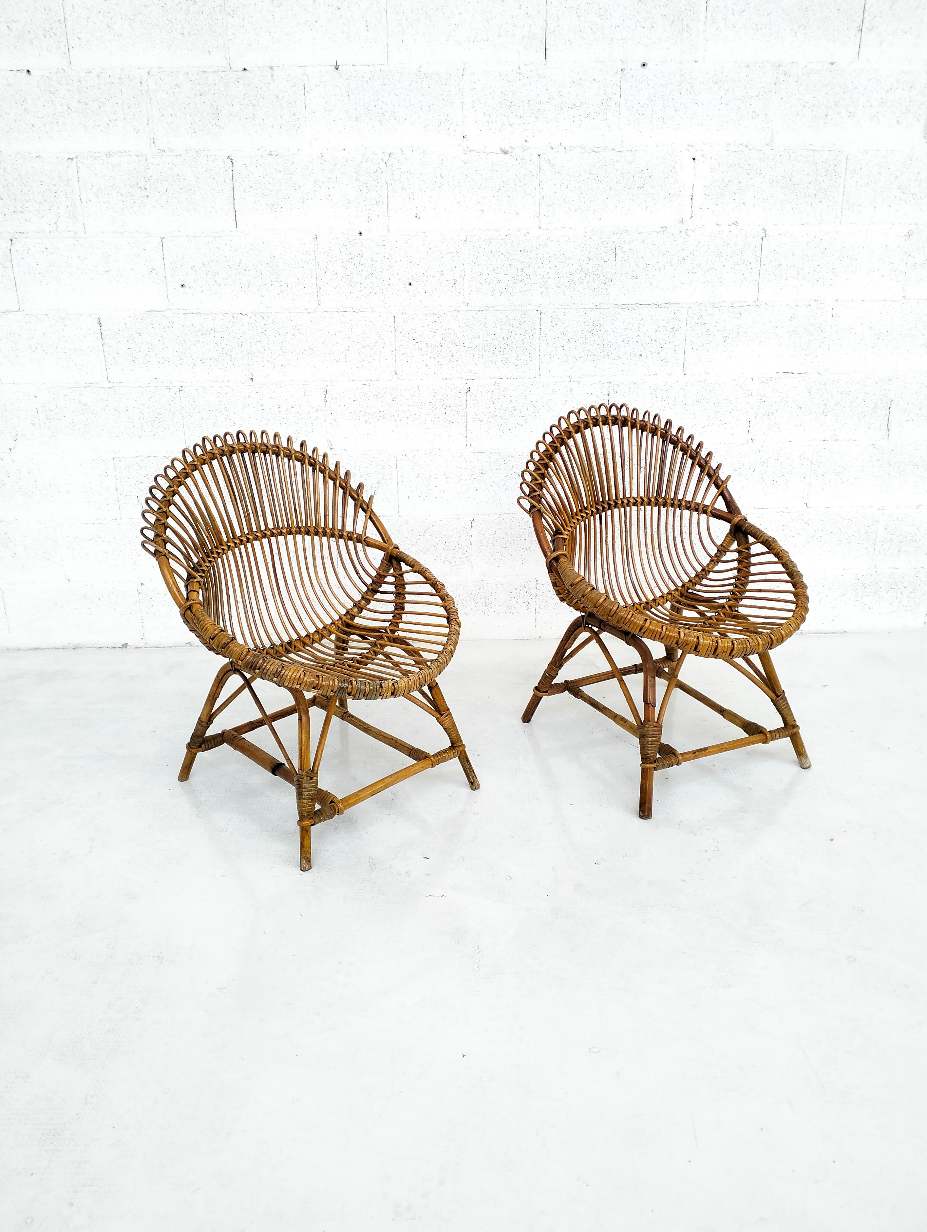 Pair of wicker egg chairs by Bonacina 1960s In Good Condition For Sale In Padova, IT