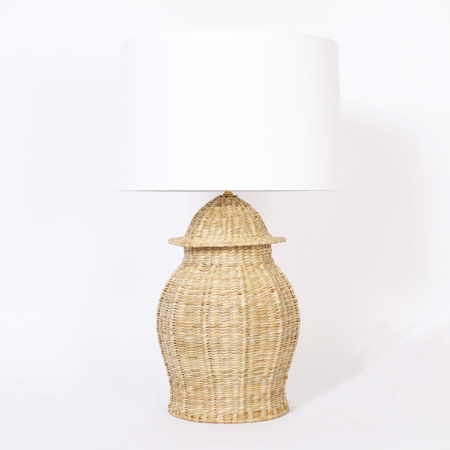 Asian modern style table lamps crafted with wicker or reed in a classic ginger jar form from the FS Flores Collection, designed and offered exclusively by F.S. Henemader Antiques.