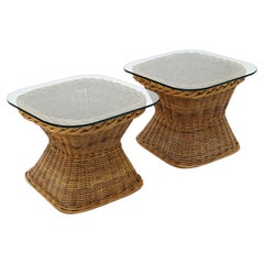 Vintage Pair of Wicker 
Glass Side / End Tables by Wicker Workes, Made in Italy
