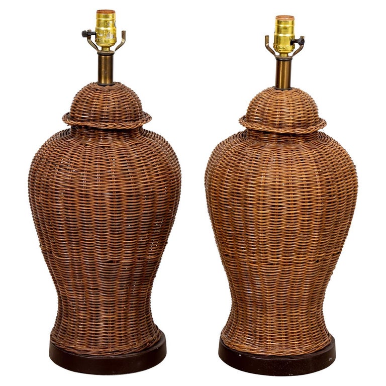Pair of Wicker Lamps For Sale at 1stDibs