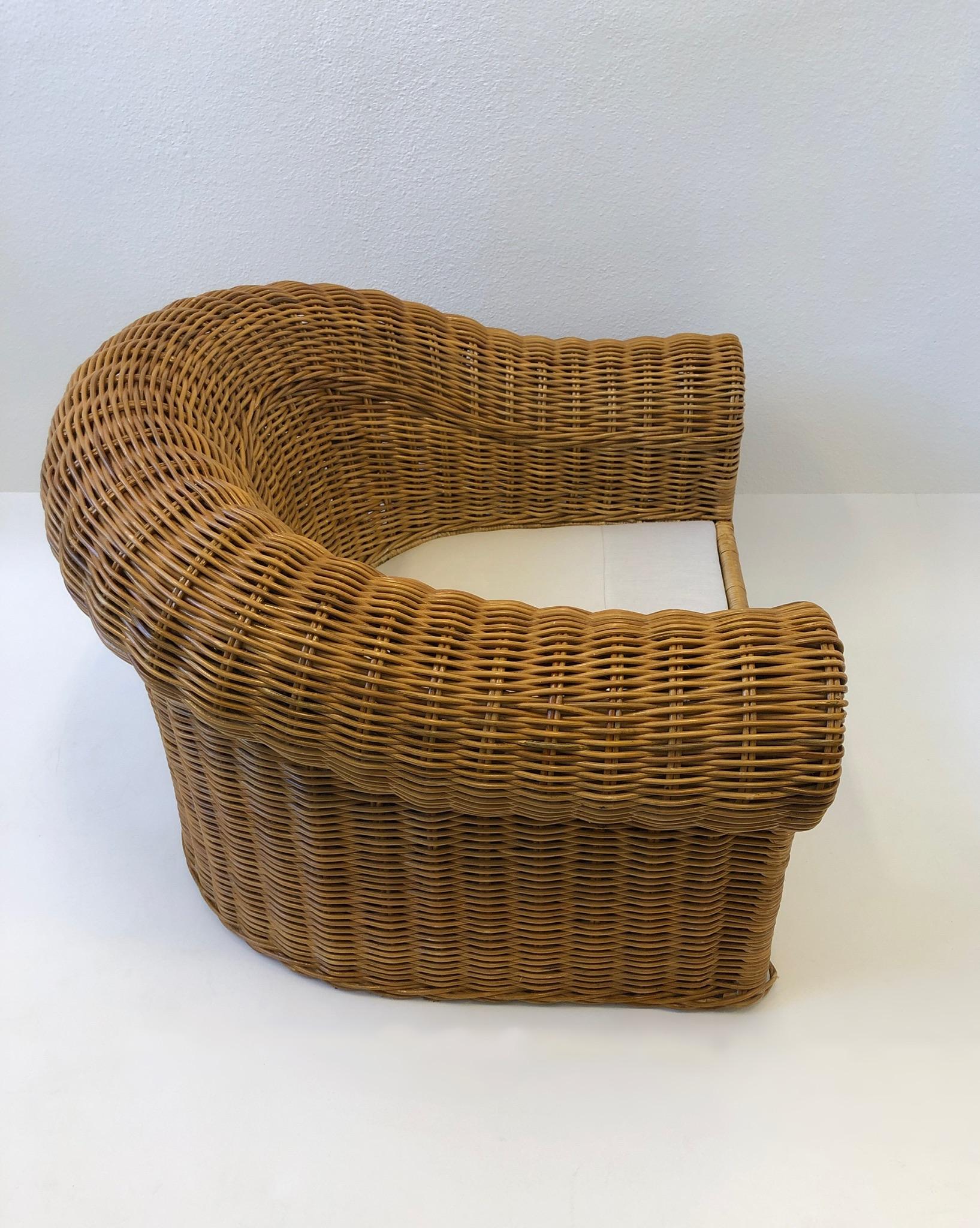 Pair of Wicker Lounge Chairs and Ottoman in the Style of Michael Taylor 10