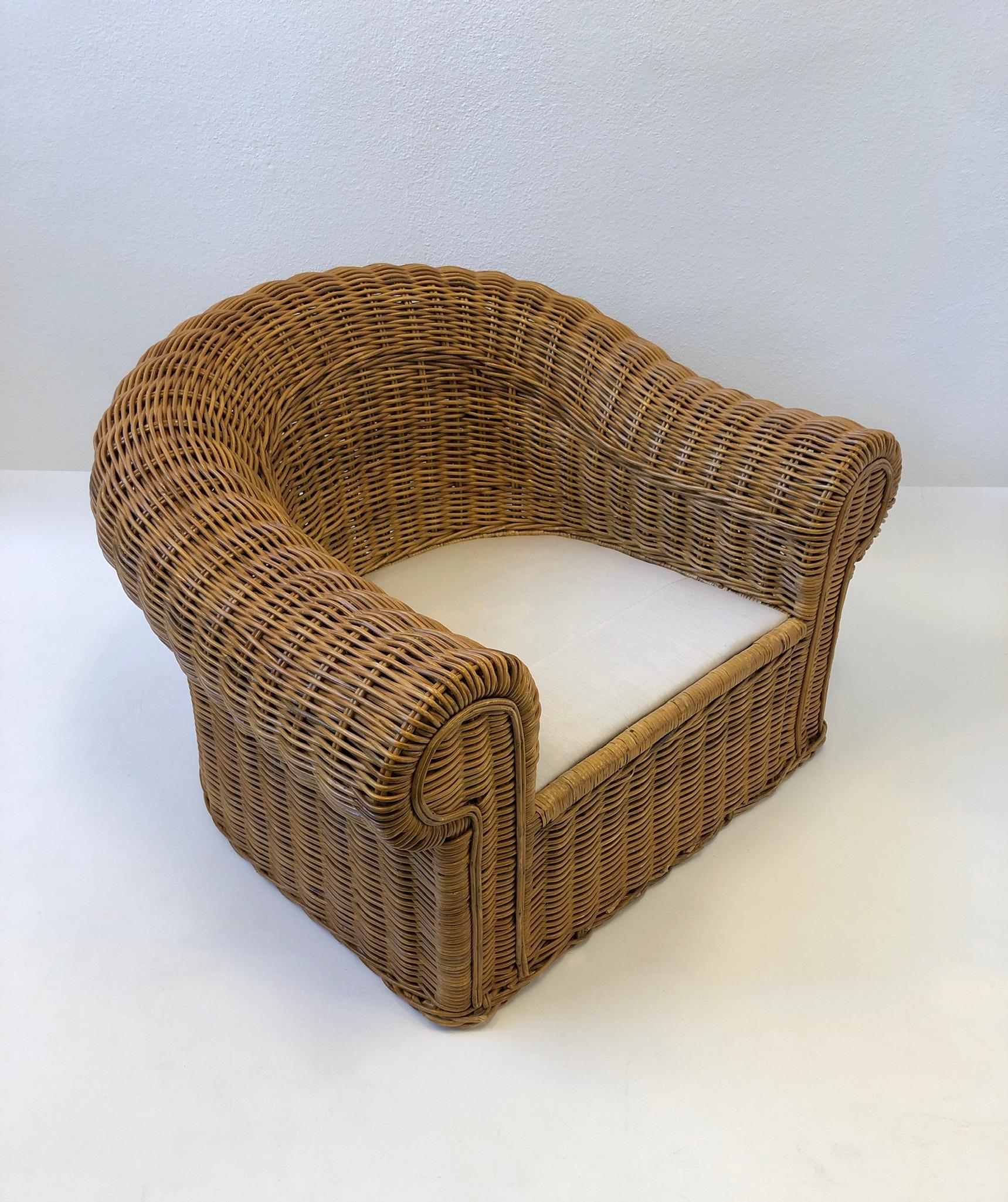 Pair of Wicker Lounge Chairs and Ottoman in the Style of Michael Taylor 11
