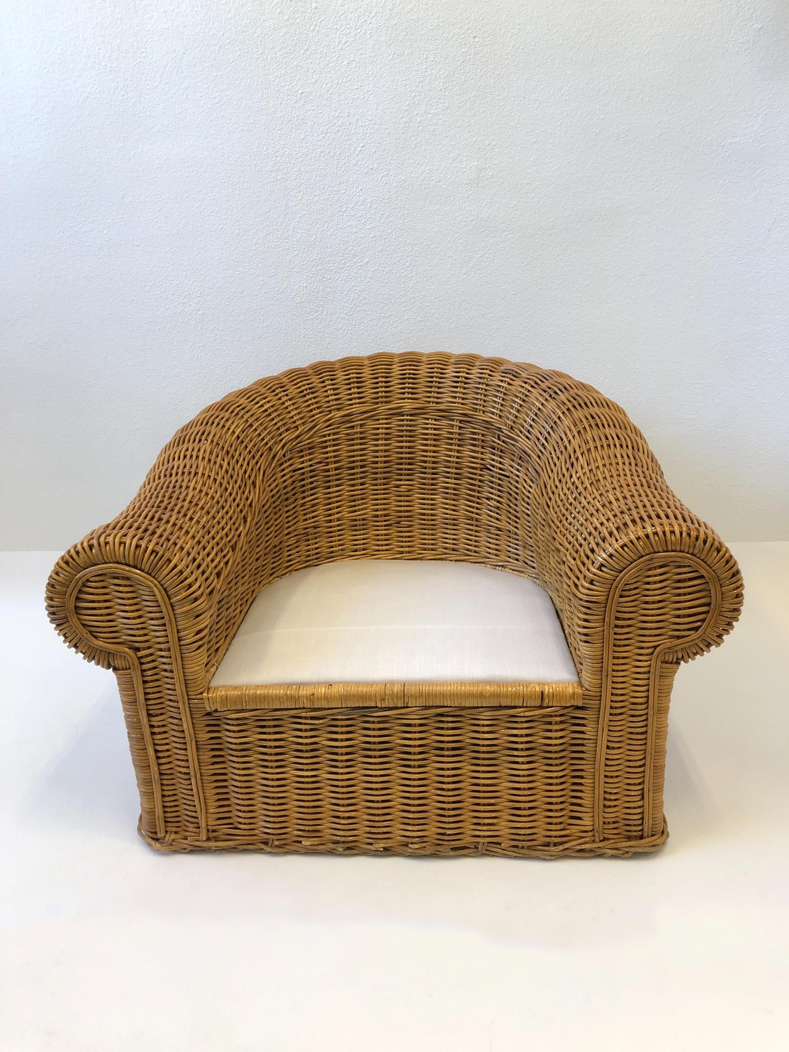 Pair of Wicker Lounge Chairs and Ottoman in the Style of Michael Taylor 12