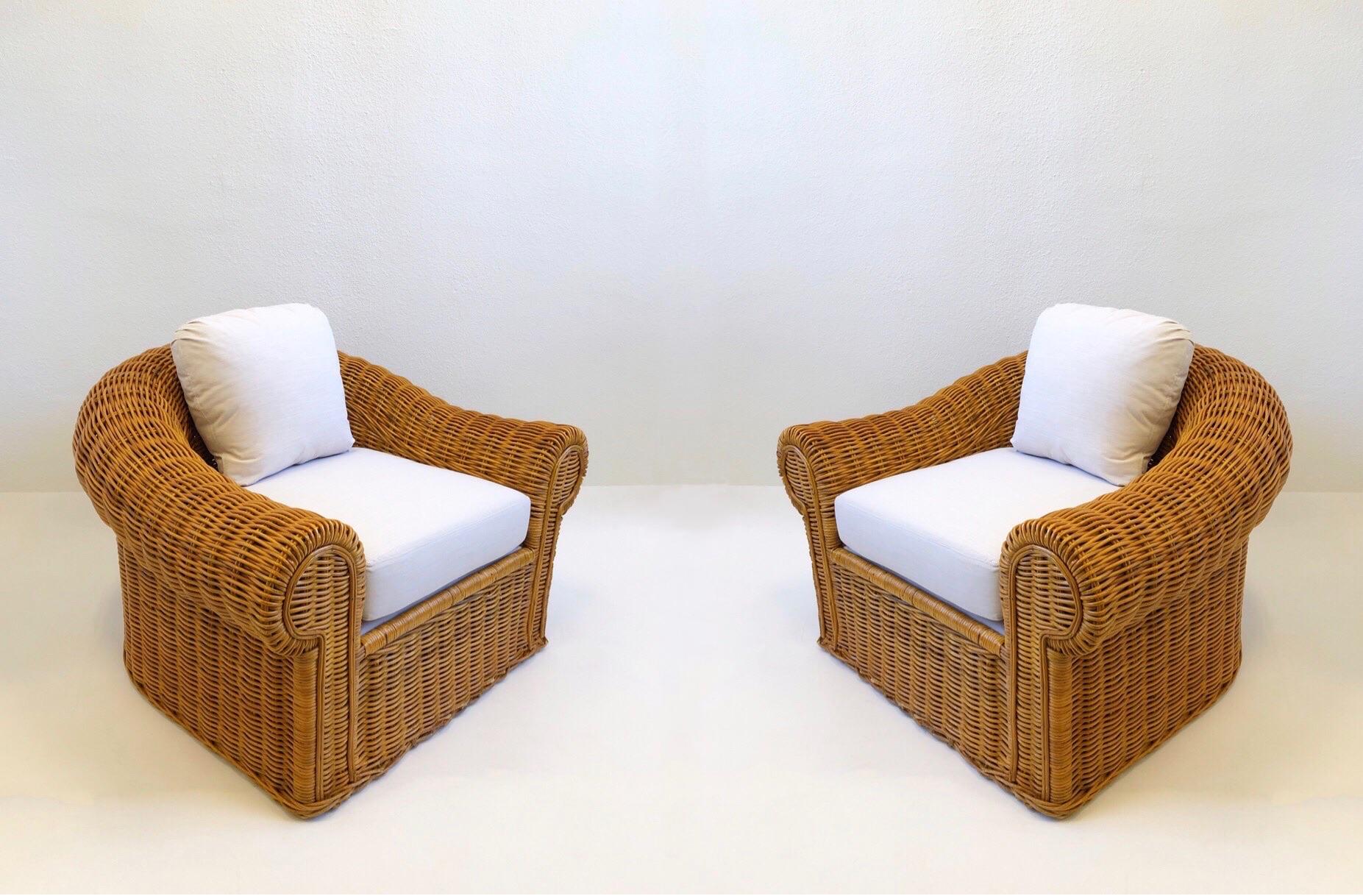 Modern Pair of Wicker Lounge Chairs and Ottoman in the Style of Michael Taylor