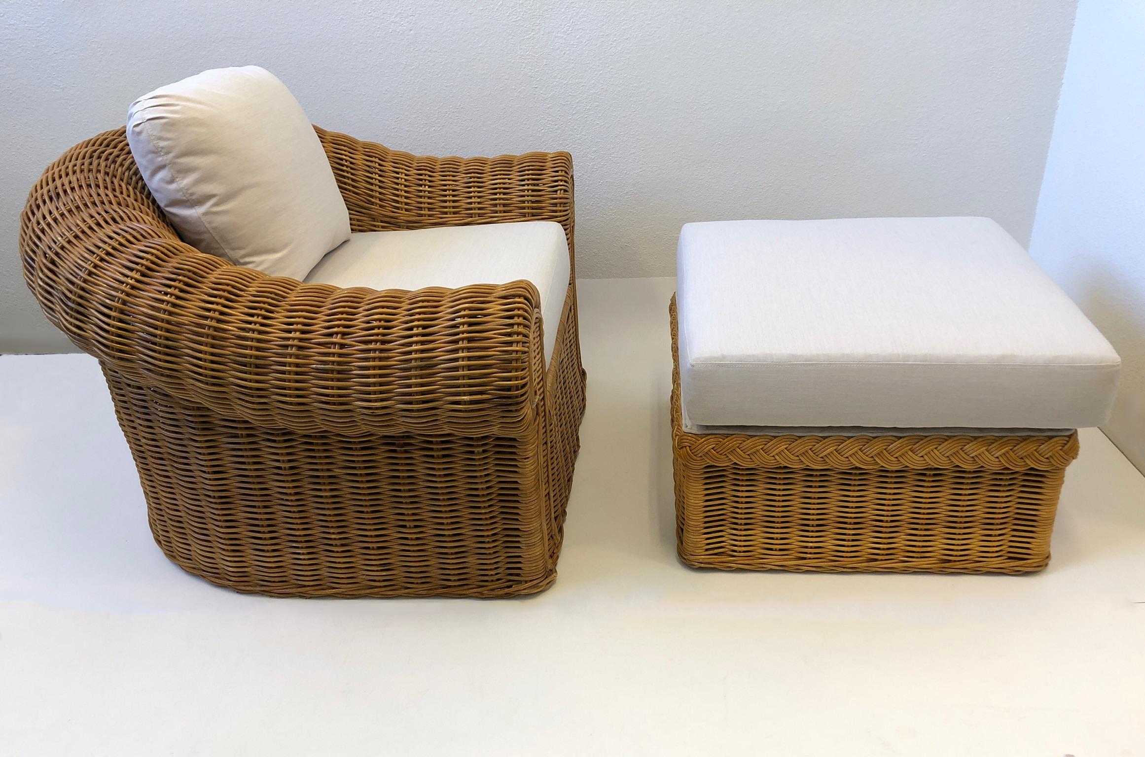 Lacquered Pair of Wicker Lounge Chairs and Ottoman in the Style of Michael Taylor