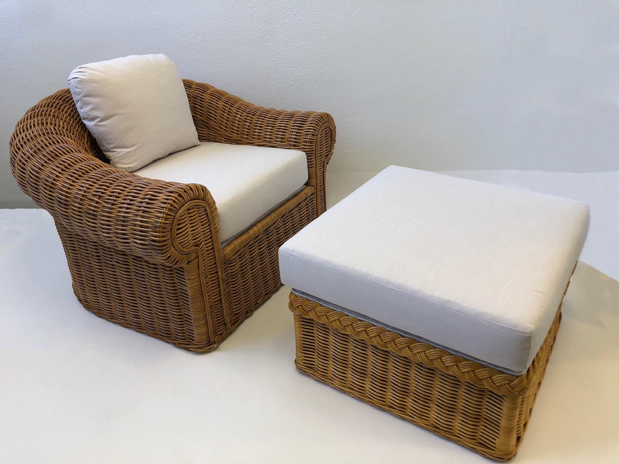 Pair of Wicker Lounge Chairs and Ottoman in the Style of Michael Taylor In Excellent Condition In Palm Springs, CA