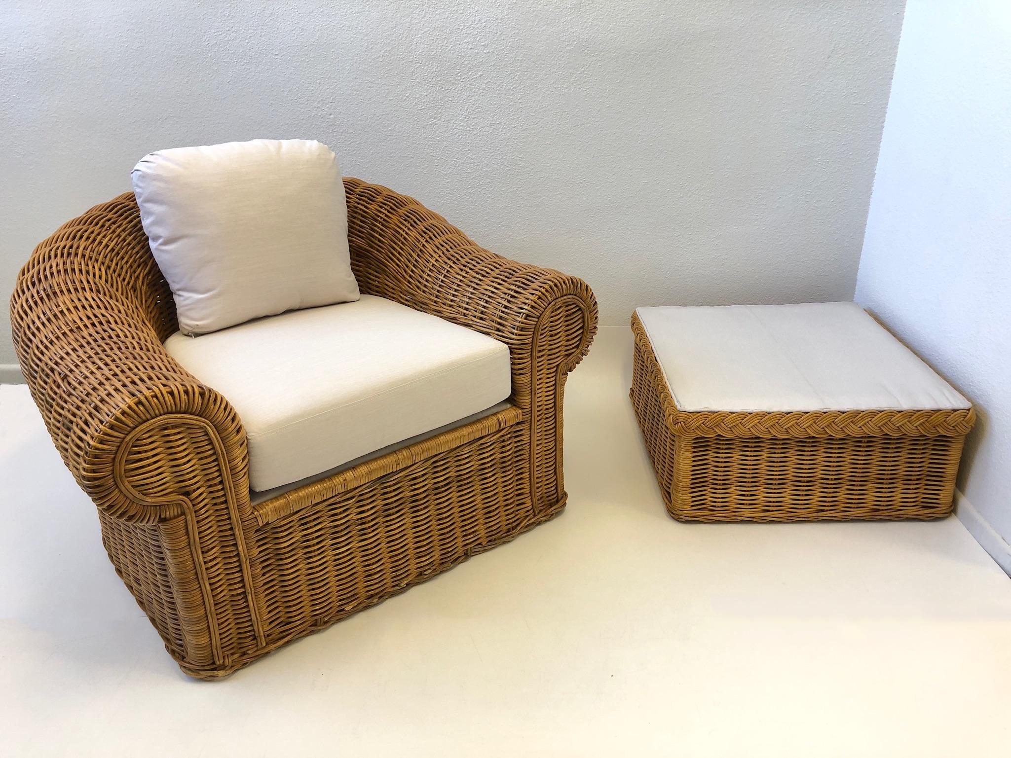Late 20th Century Pair of Wicker Lounge Chairs and Ottoman in the Style of Michael Taylor