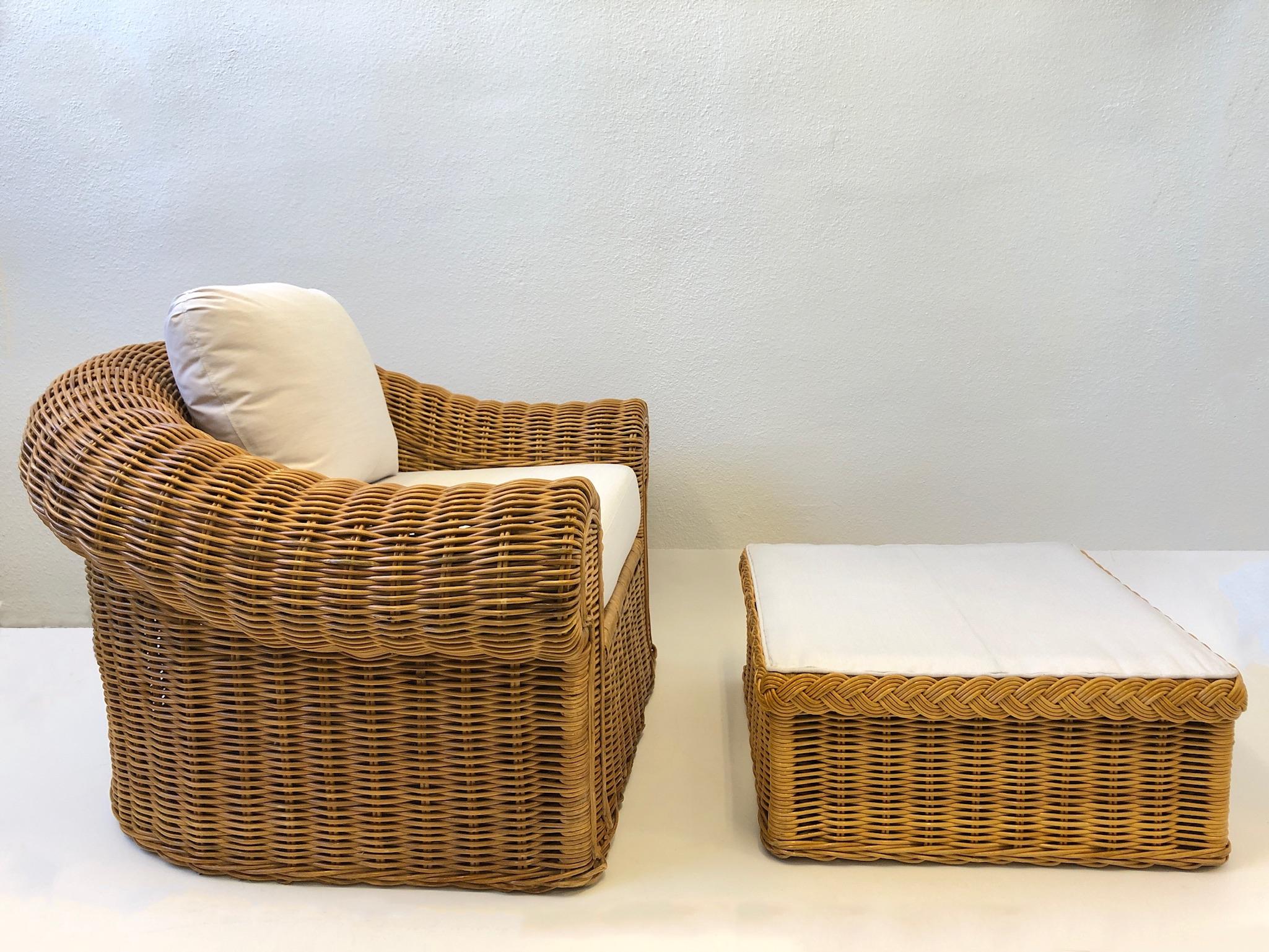 Fabric Pair of Wicker Lounge Chairs and Ottoman in the Style of Michael Taylor