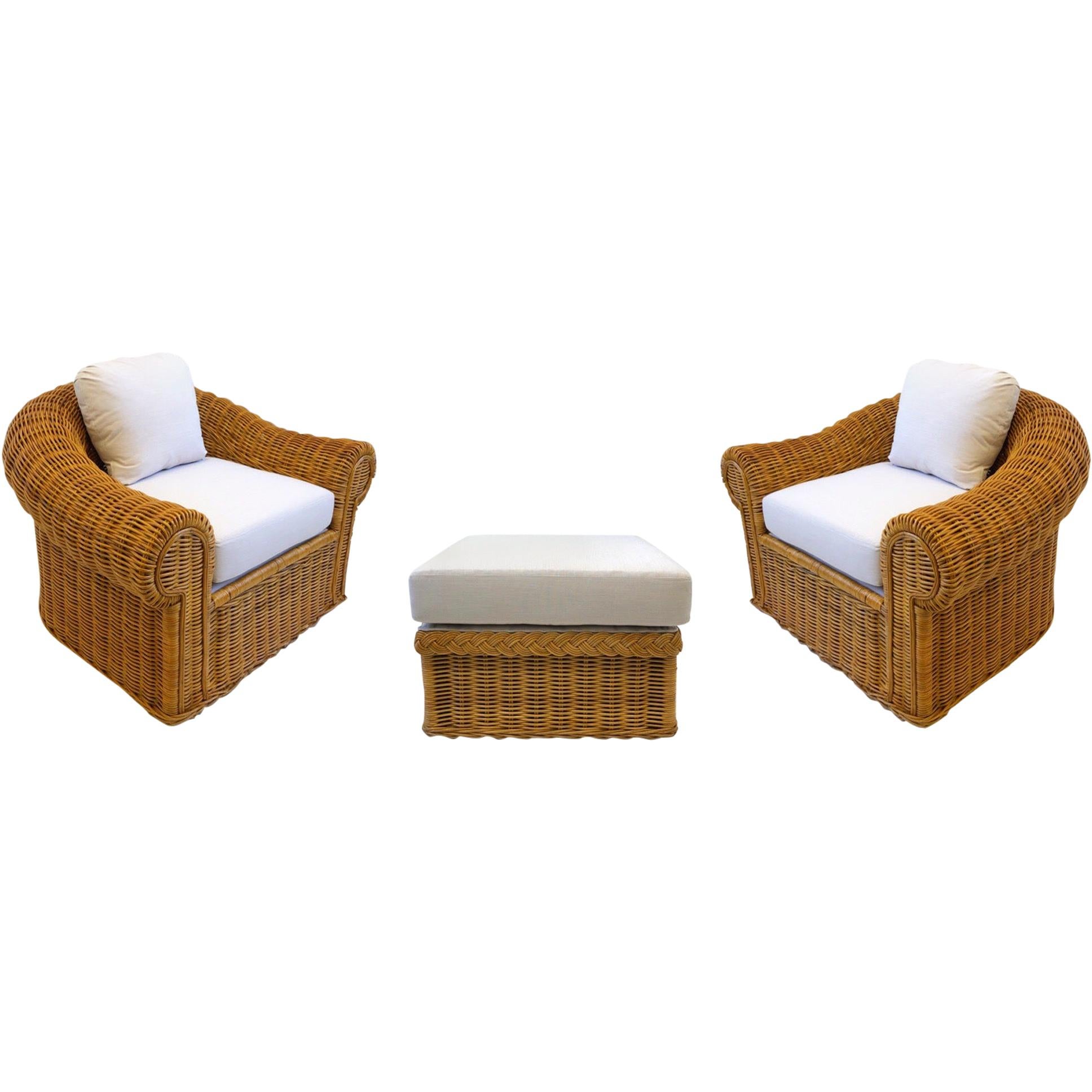 Pair of Wicker Lounge Chairs and Ottoman in the Style of Michael Taylor