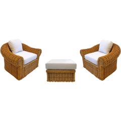 Vintage Pair of Wicker Lounge Chairs and Ottoman in the Style of Michael Taylor