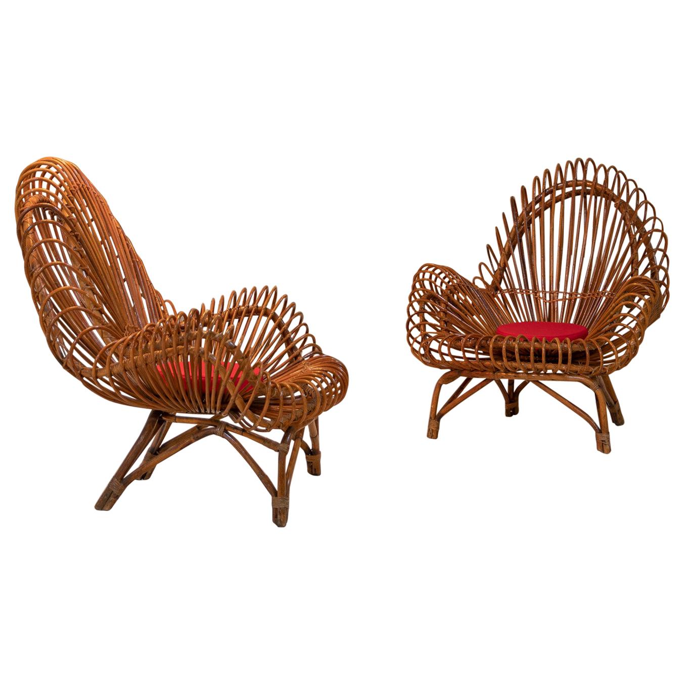 Pair of Wicker Lounge Chairs Attributed to Janine Abraham