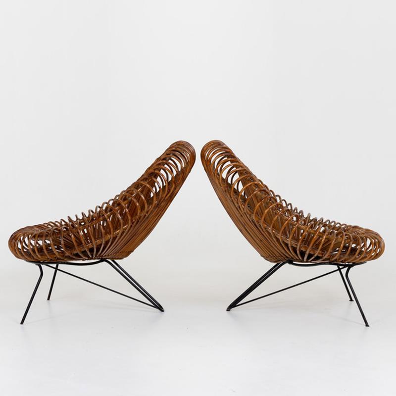 Mid-Century Modern Paire de chaises longues en osier par Janine Abraham et Dirk Jan Rol pour Rougier en vente