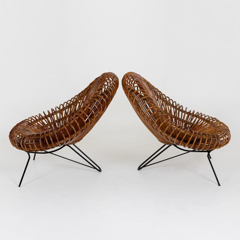 Mid-20th Century Pair of Wicker Lounge Chairs by Janine Abraham and Dirk Jan Rol for Rougier For Sale