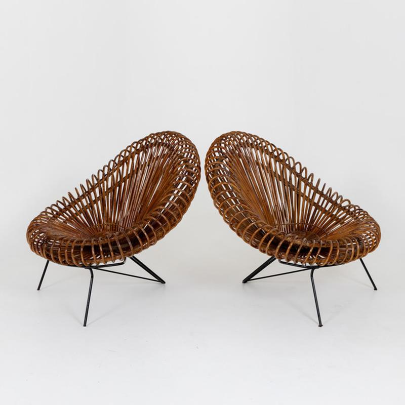 Metal Pair of Wicker Lounge Chairs by Janine Abraham and Dirk Jan Rol for Rougier For Sale