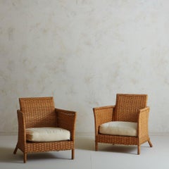 Pair of Wicker Lounge Chairs with Cushion, France, 1970s