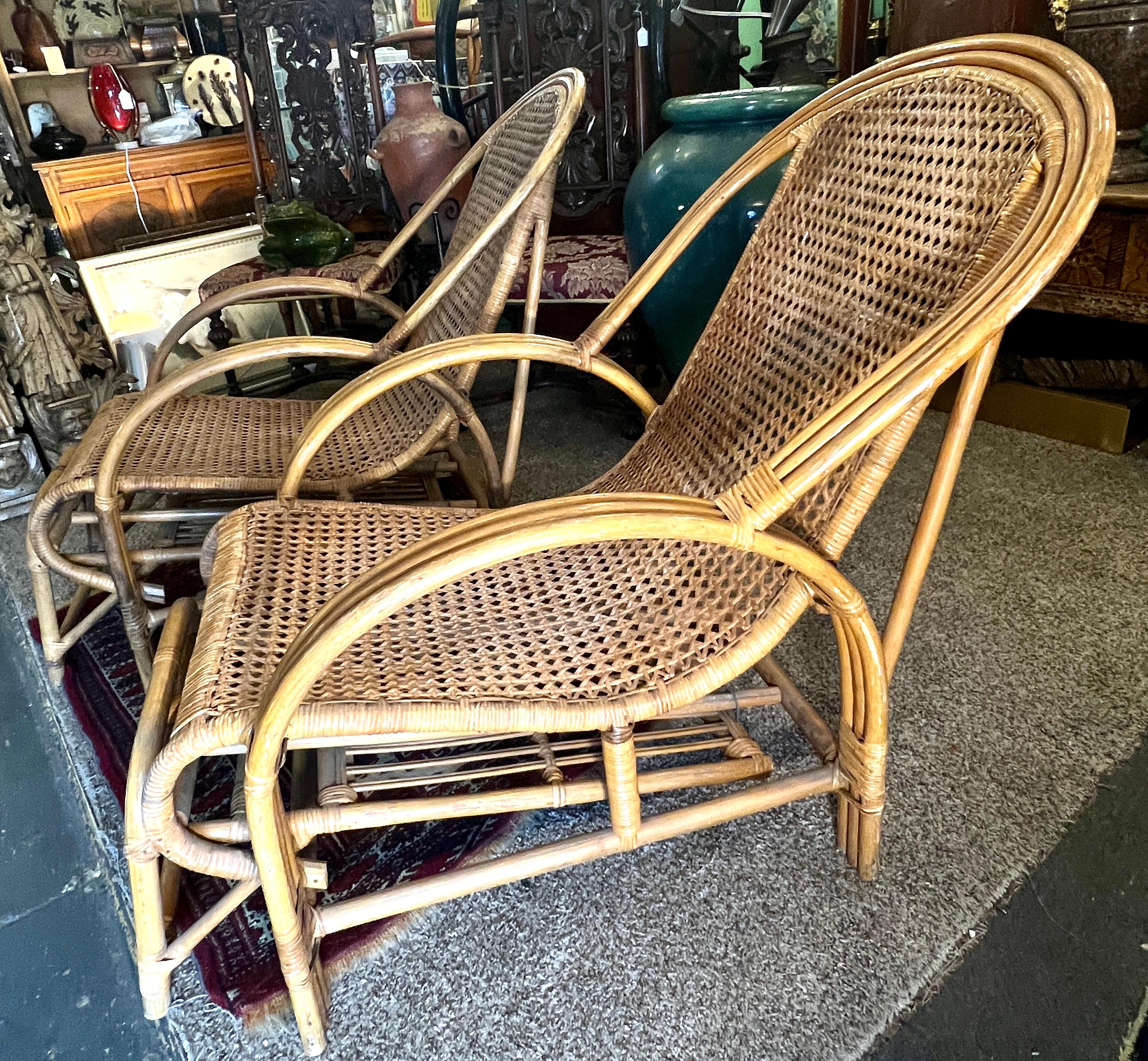 Pair of Rattan Bamboo Lounge Chairs with Pull Out Ottoman From Chair To Chaise 5
