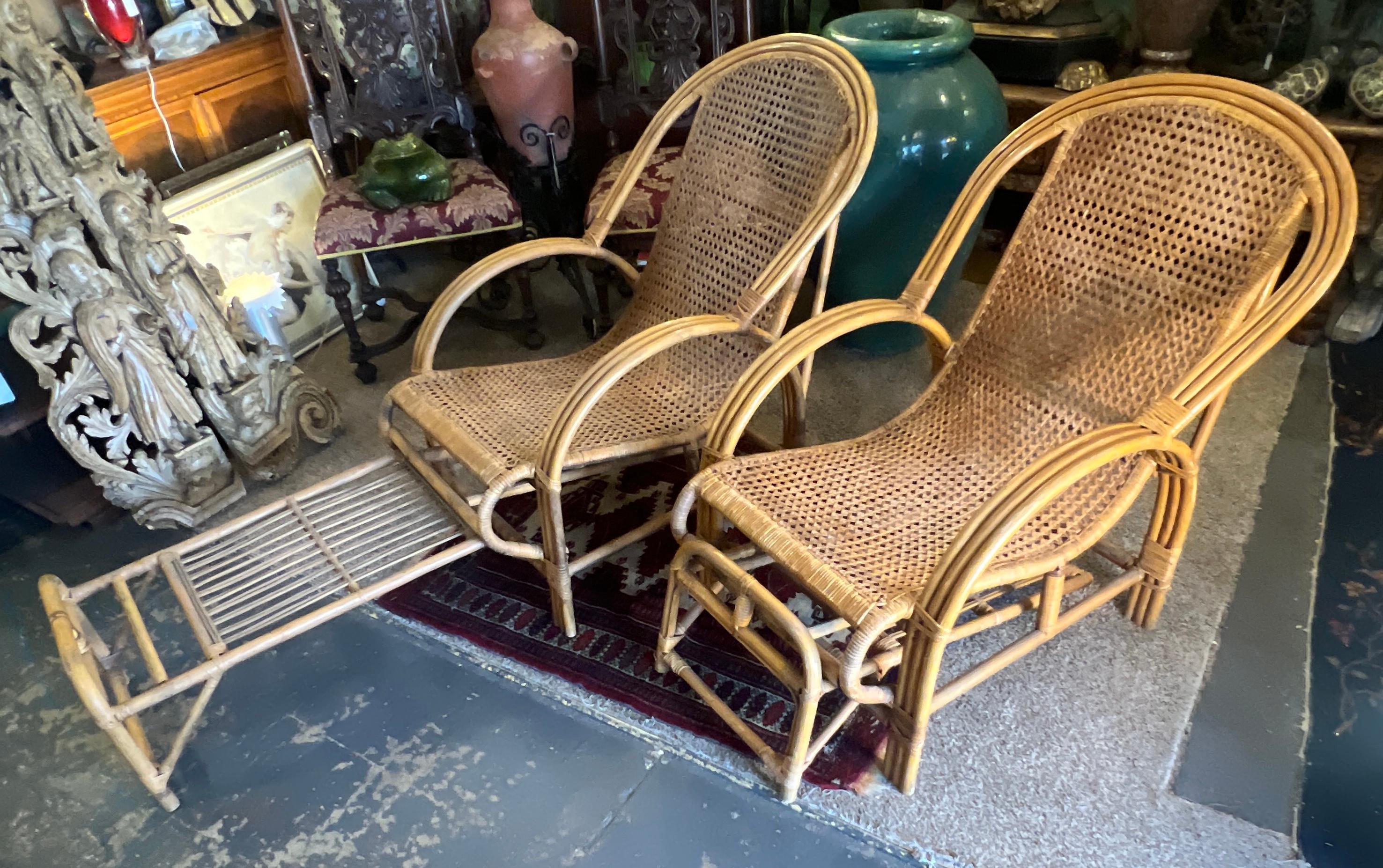Pair of Rattan Bamboo Lounge Chairs with Pull Out Ottoman From Chair To Chaise 6