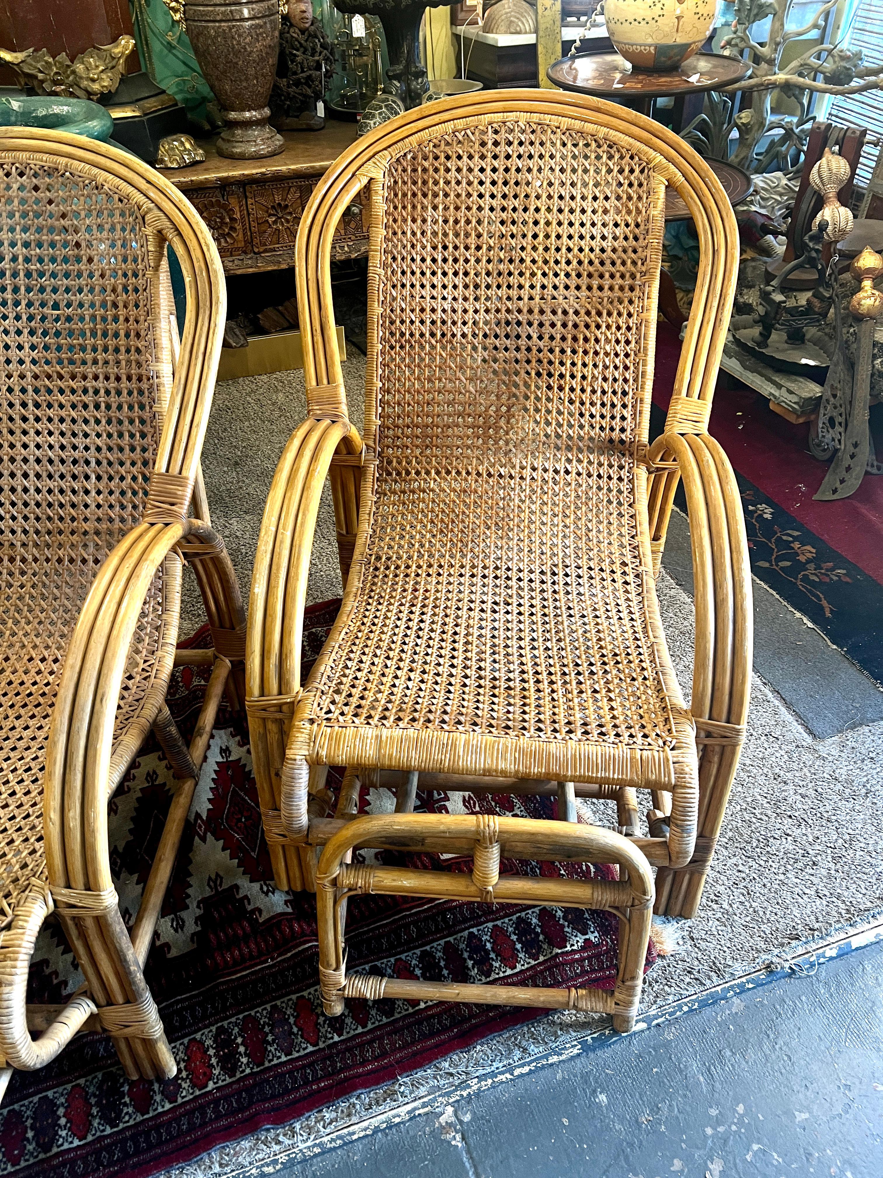 Pair of Rattan Bamboo Lounge Chairs with Pull Out Ottoman From Chair To Chaise 7