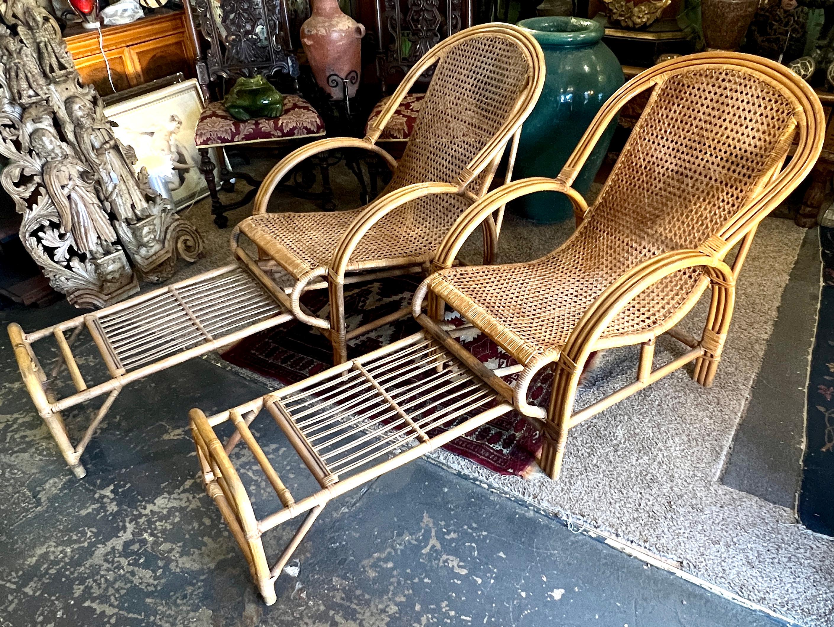 Pair of Rattan Bamboo Lounge Chairs with Pull Out Ottoman From Chair To Chaise 8