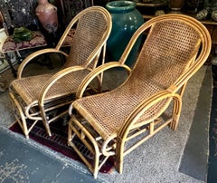 Pair of Rattan Bamboo Lounge Chairs with Pull Out Ottoman From Chair To Chaise