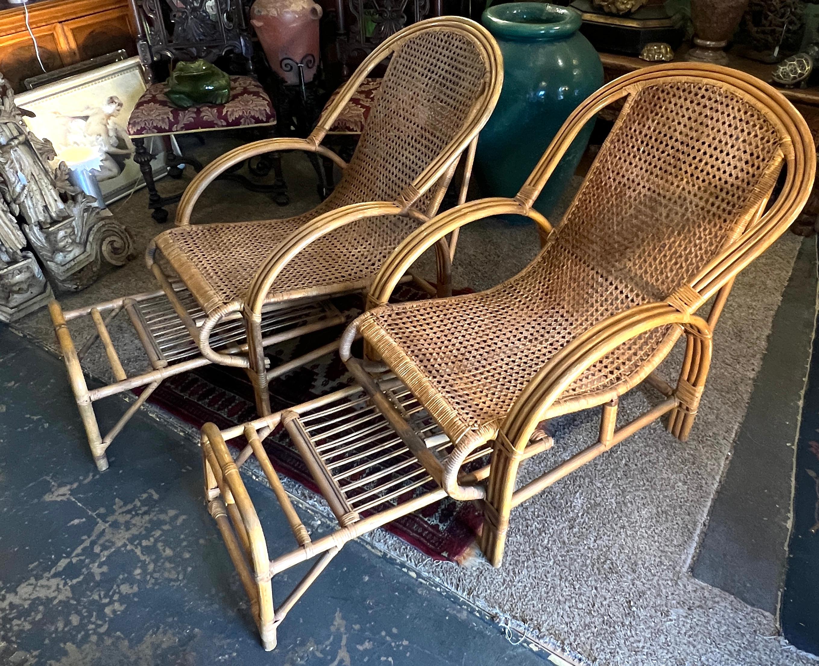 Art Deco Pair of Rattan Bamboo Lounge Chairs with Pull Out Ottoman From Chair To Chaise