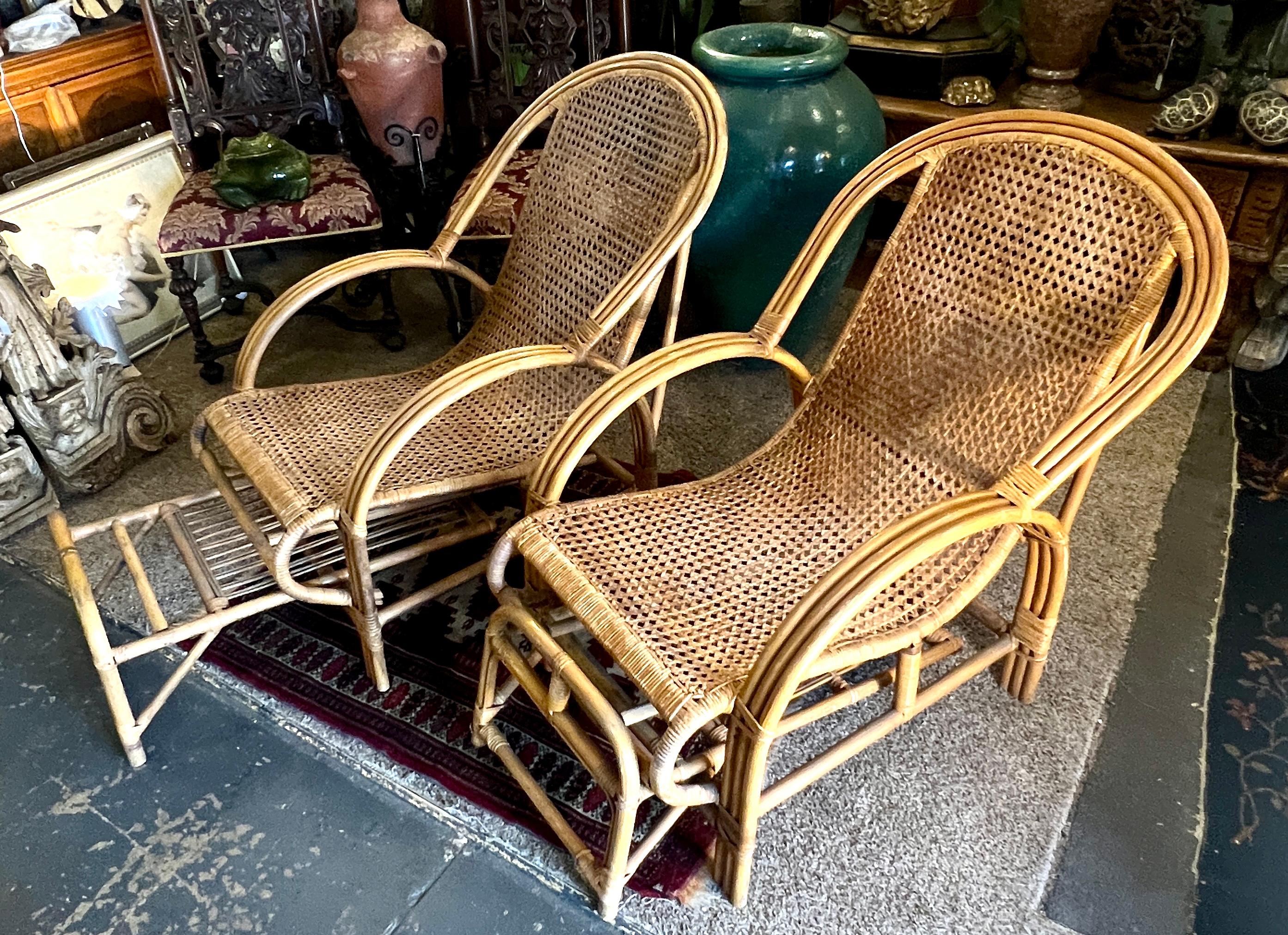 Hand-Crafted Pair of Rattan Bamboo Lounge Chairs with Pull Out Ottoman From Chair To Chaise