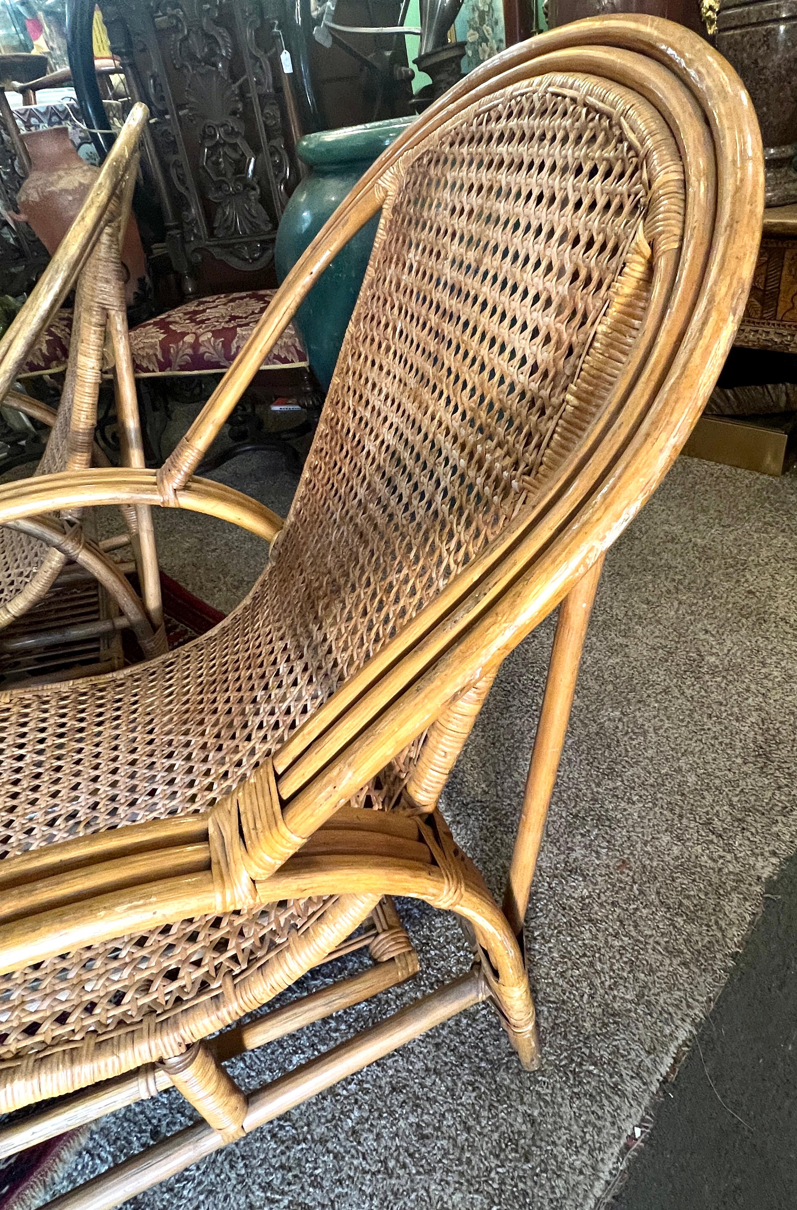 20th Century Pair of Rattan Bamboo Lounge Chairs with Pull Out Ottoman From Chair To Chaise
