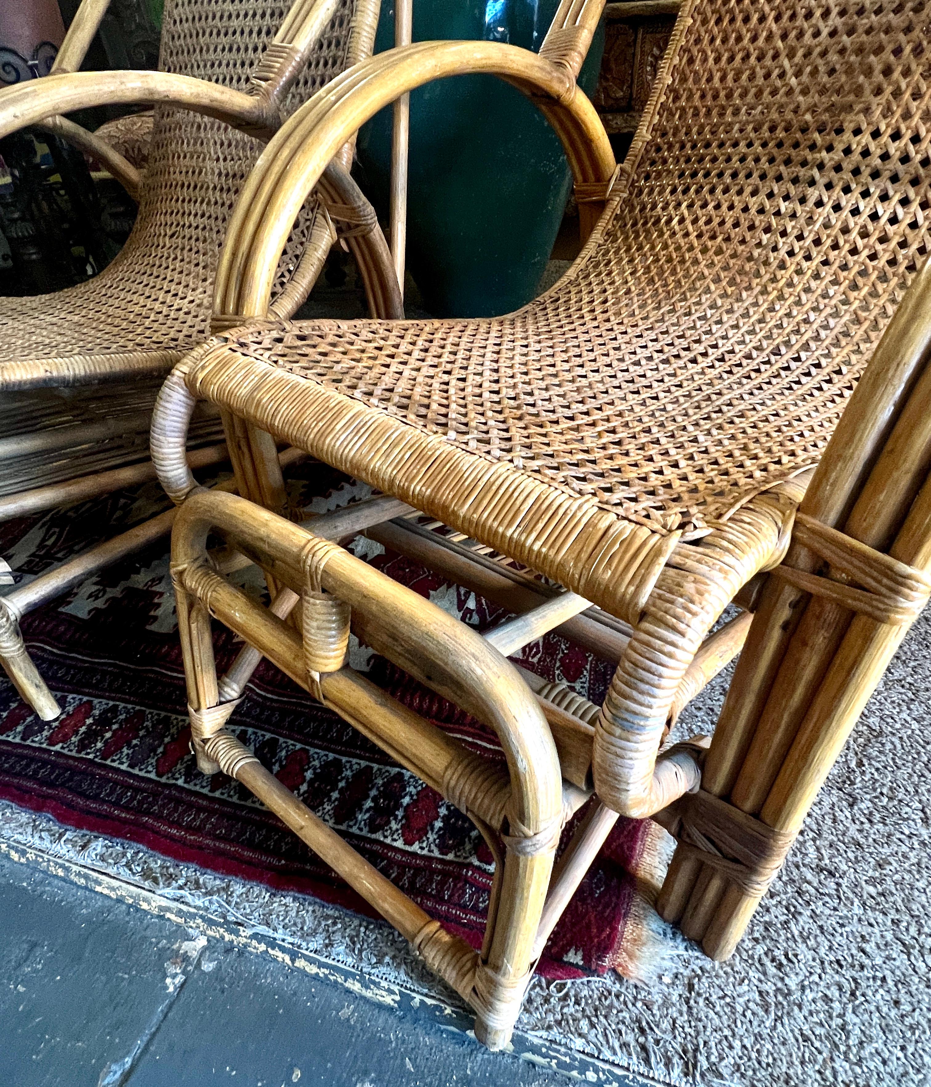Pair of Rattan Bamboo Lounge Chairs with Pull Out Ottoman From Chair To Chaise 1